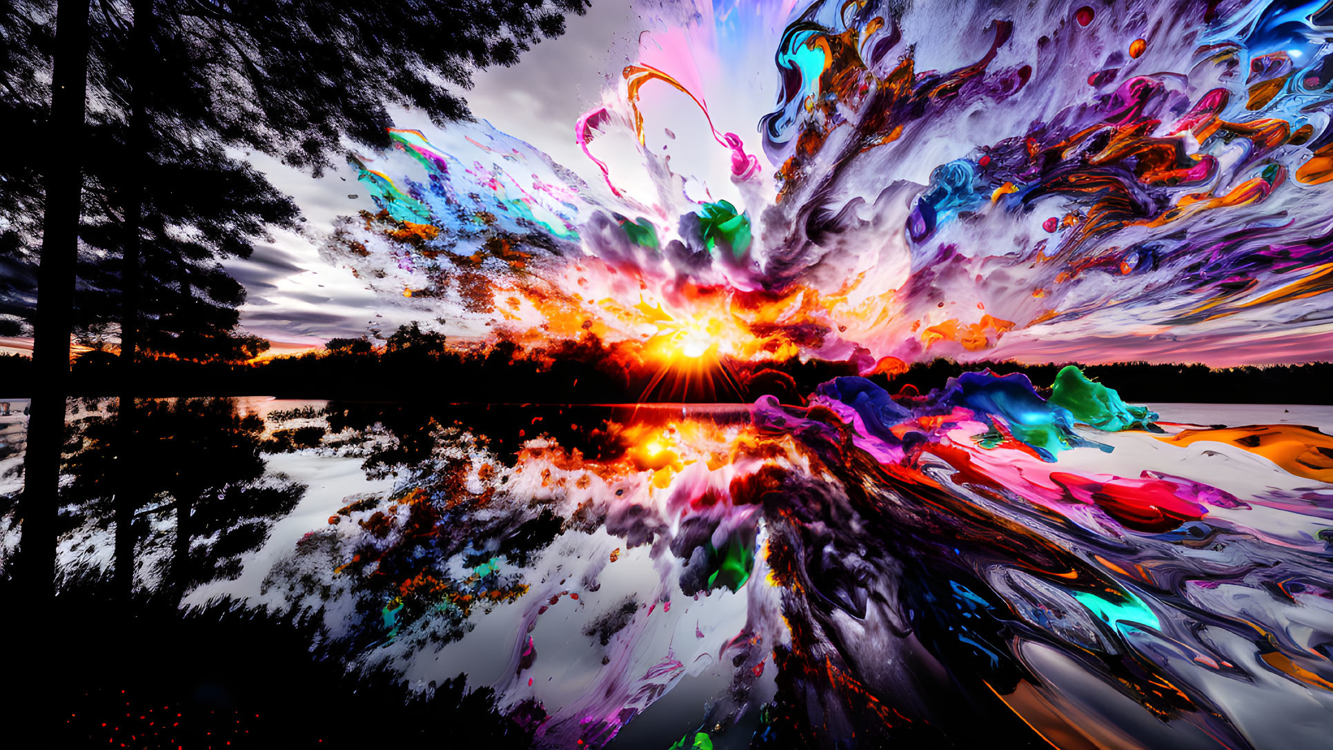 Abstract colorful explosion over serene sunset on calm lake with silhouetted trees