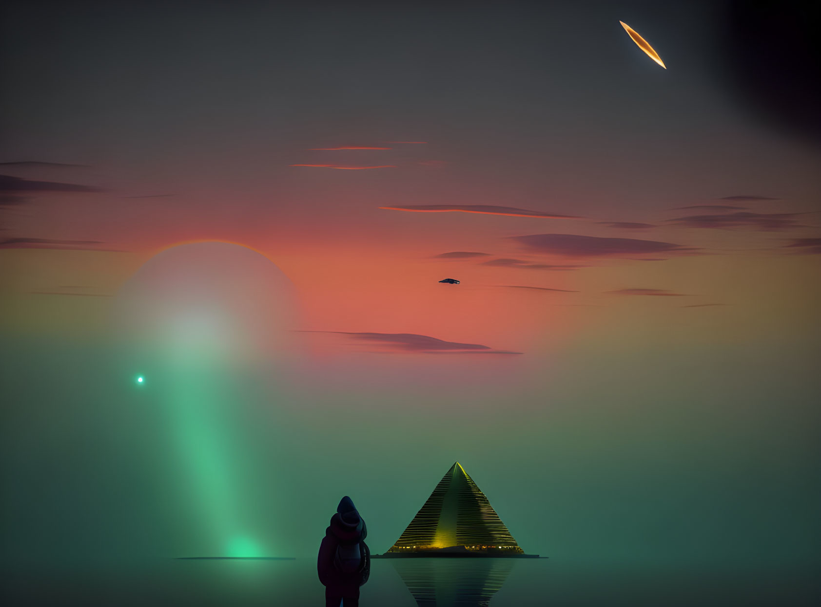 Person standing before glowing pyramid at dusk with sun, clouds, saucer, and shooting star