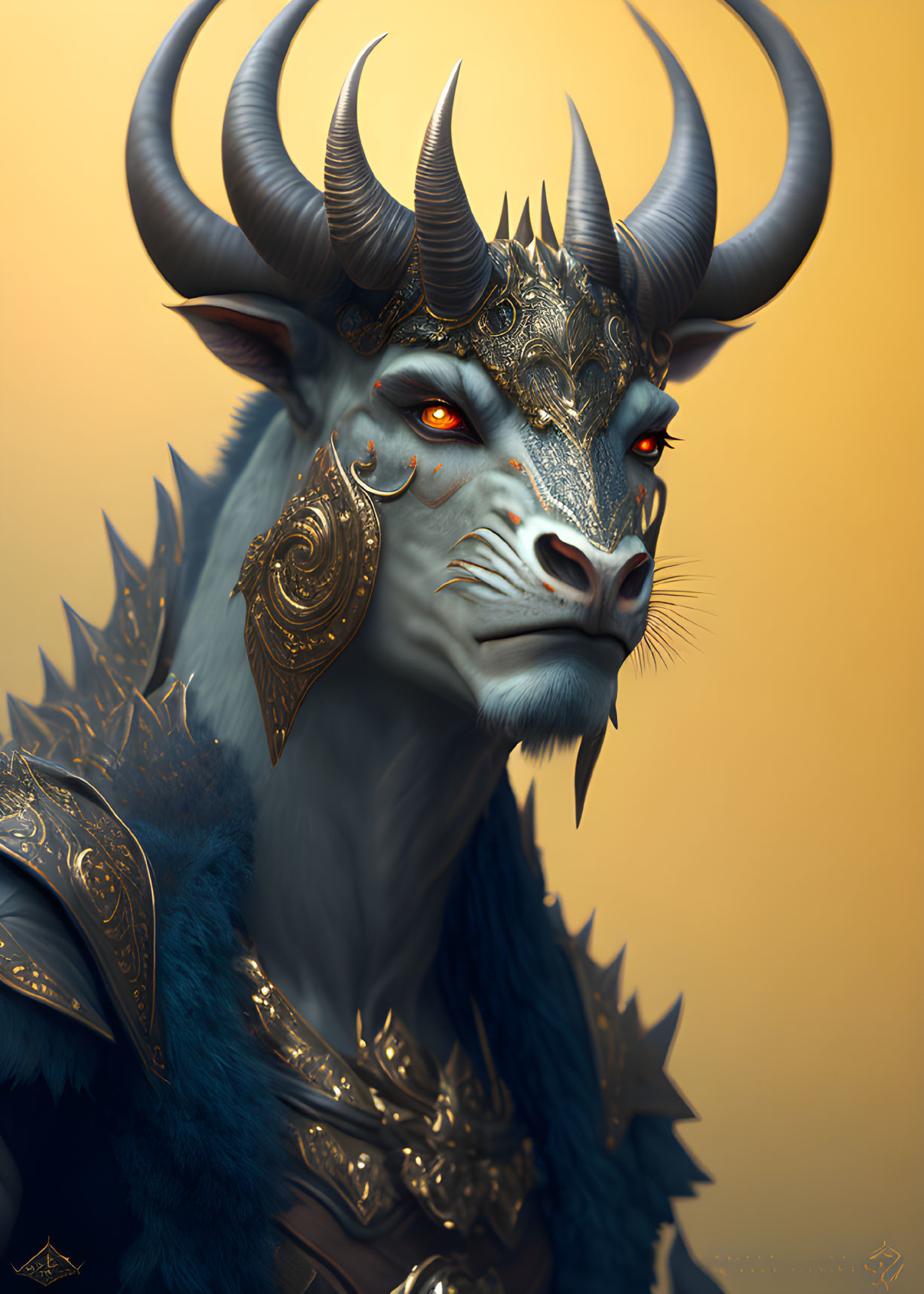 Fantasy creature with dragon-like face, ornate horns, red eyes, golden armor, blue fur