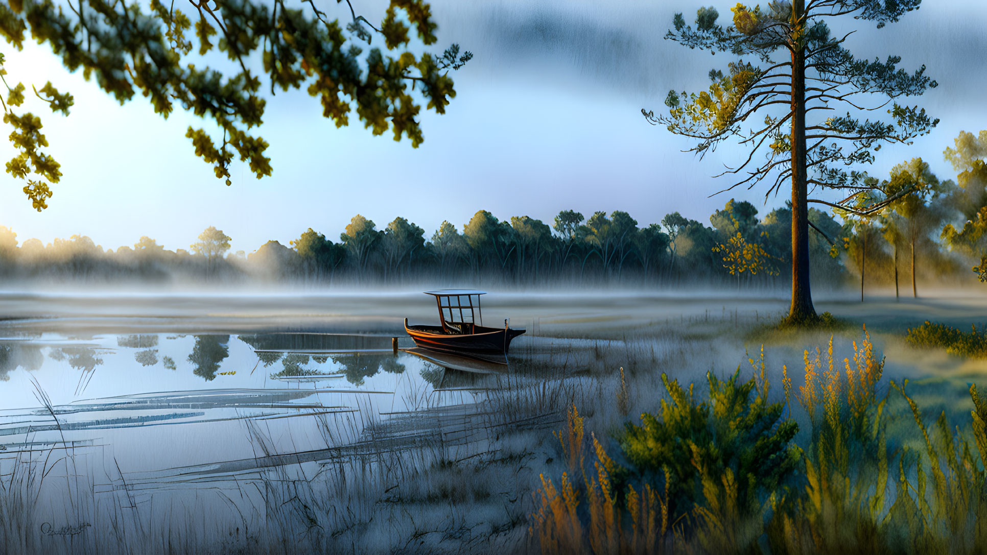 Tranquil lakeside landscape at dawn with mist, boat, and trees