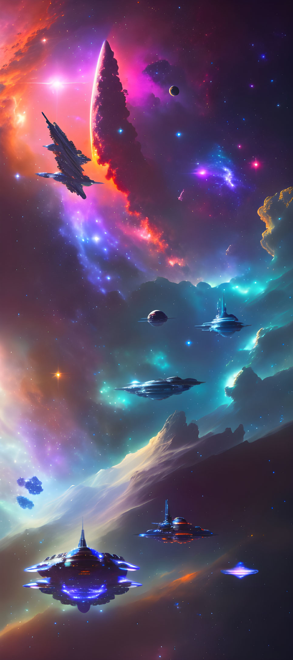 Colorful Space Scene with Spaceships, Celestial Bodies, and Nebula Backdrop