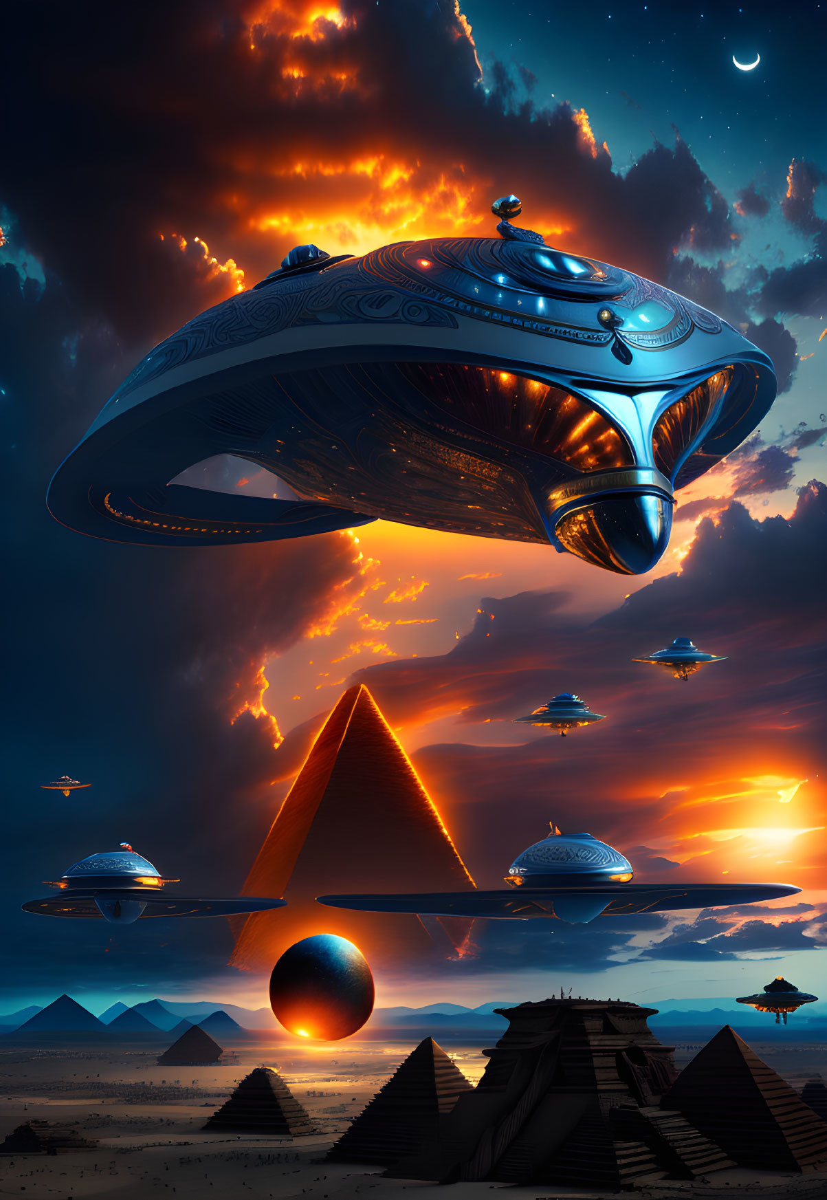 Alien spaceships hover over Egyptian pyramids at sunset