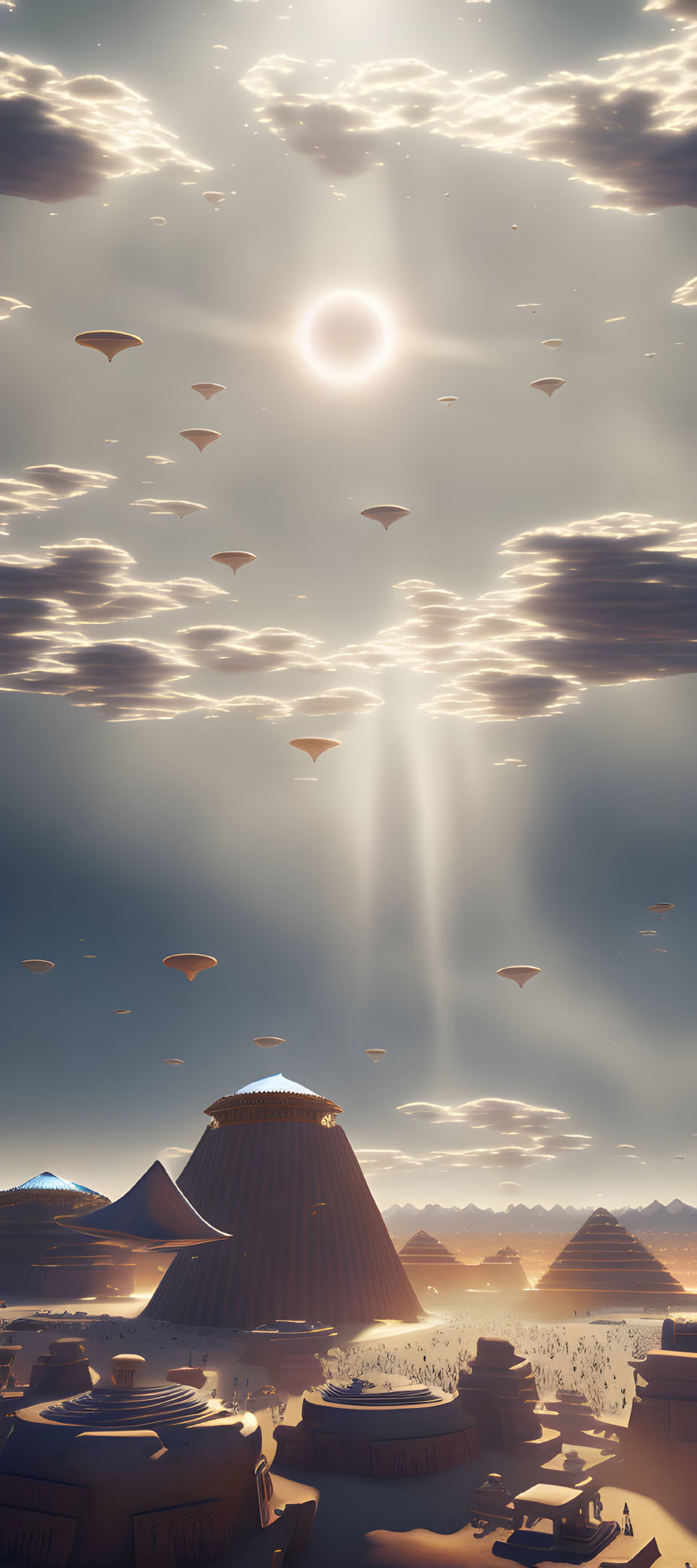 Desert landscape with pyramids, city, parachutes, and dramatic sunlight.