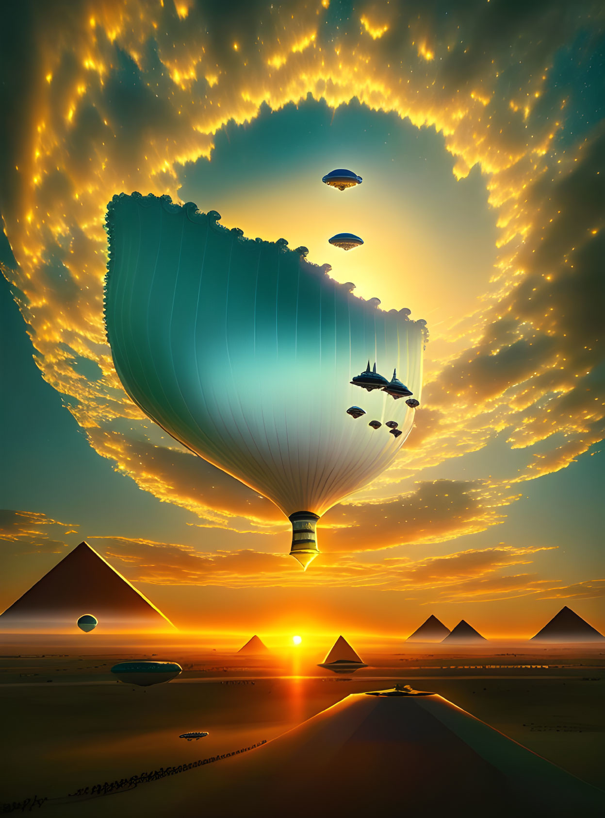 Surreal hot air balloon scene above pyramids and flaming sky