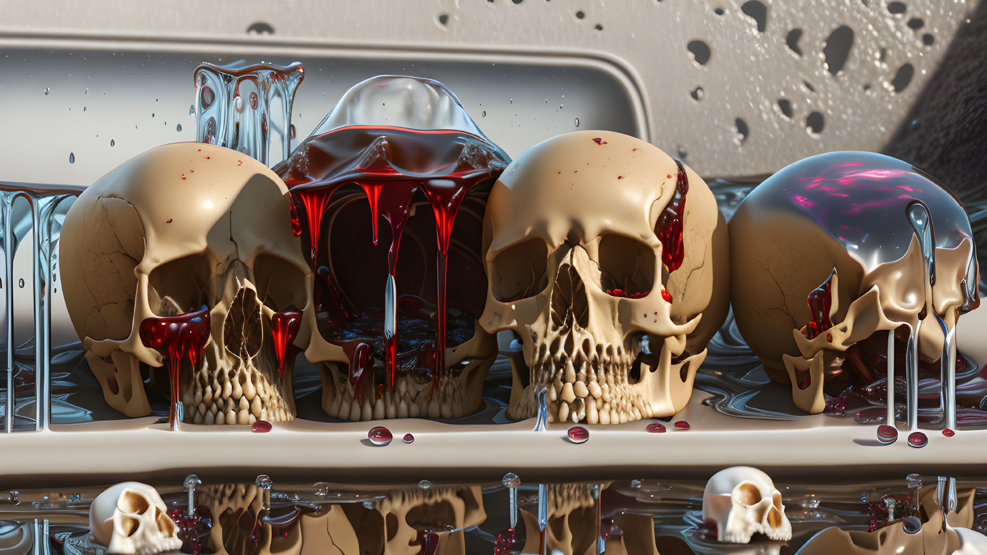 Three skull models with melting red substance on reflective surface