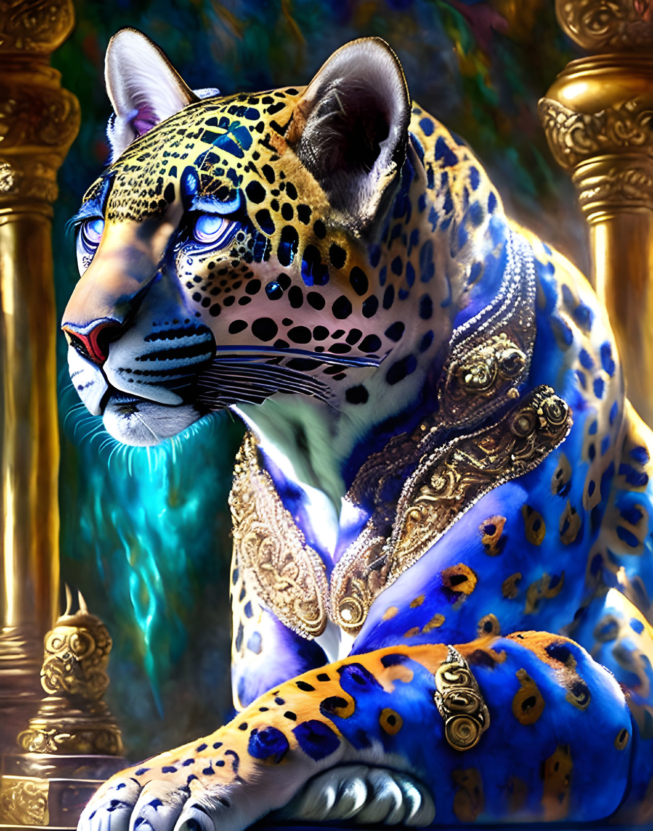 Stylized leopard in royal attire among golden columns