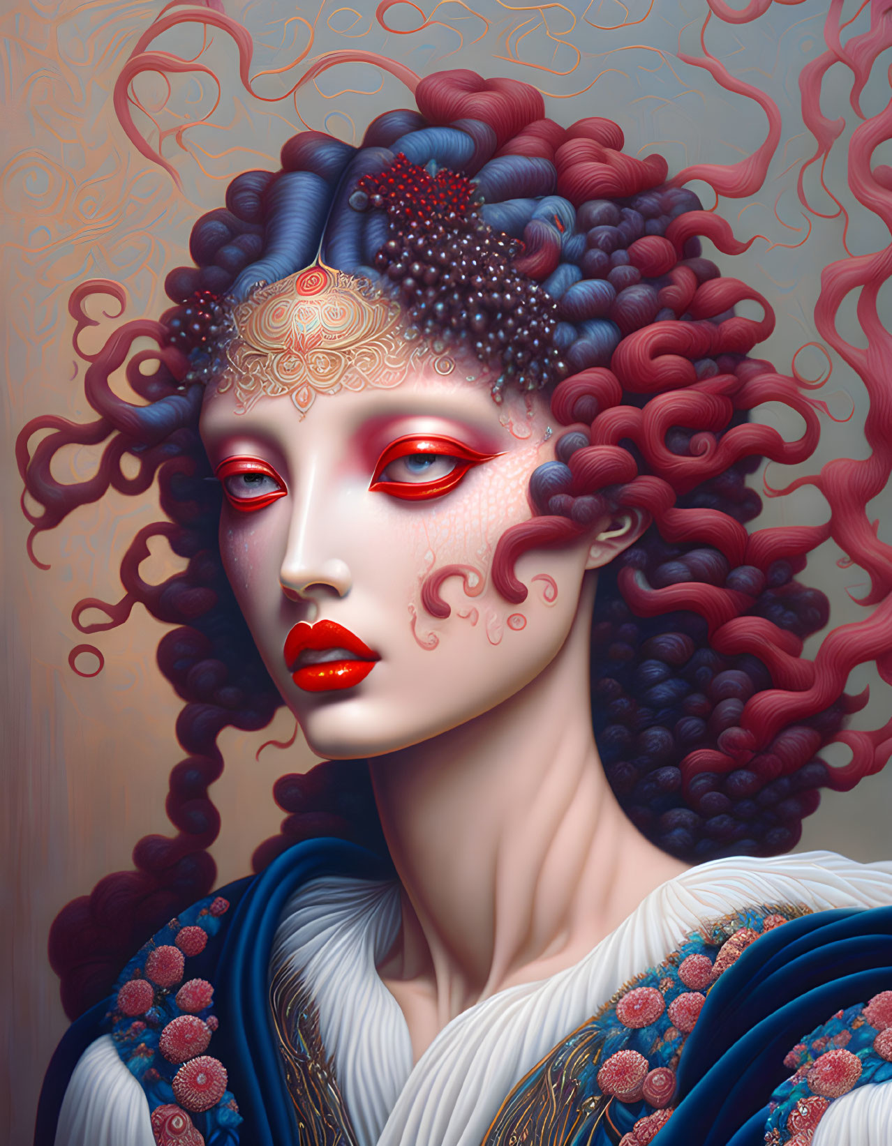 Stylized digital art: Woman with red & white makeup, intricate patterns, flowing red hair on