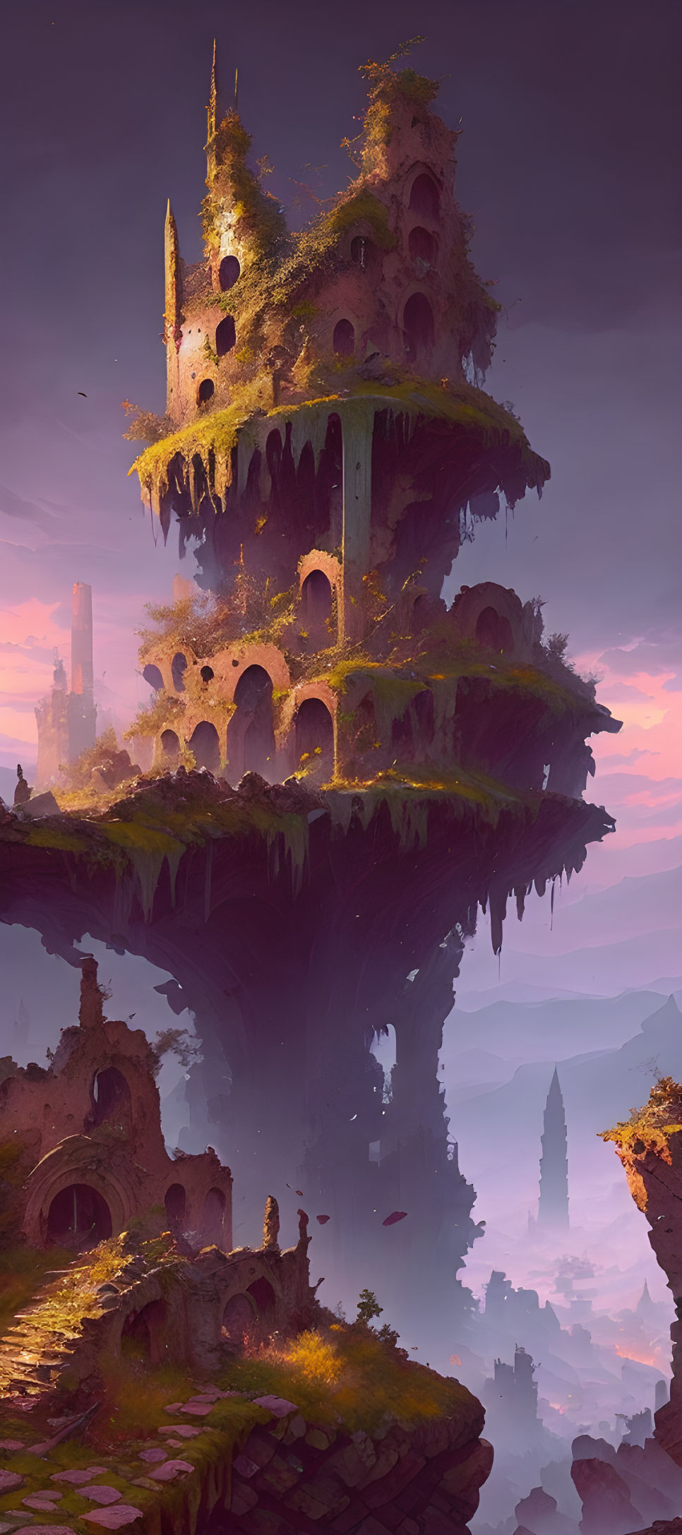 Mystical floating island with ancient ruins in dusky sky