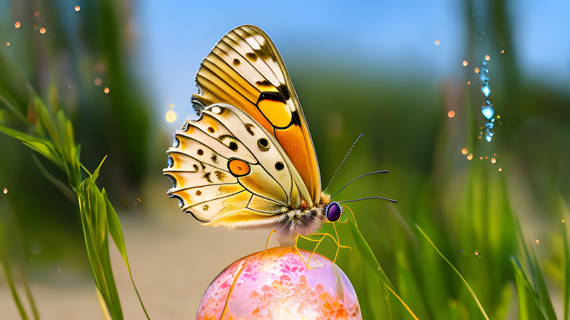 Vibrant butterfly on pink orb with dewy grass in soft-focus landscape