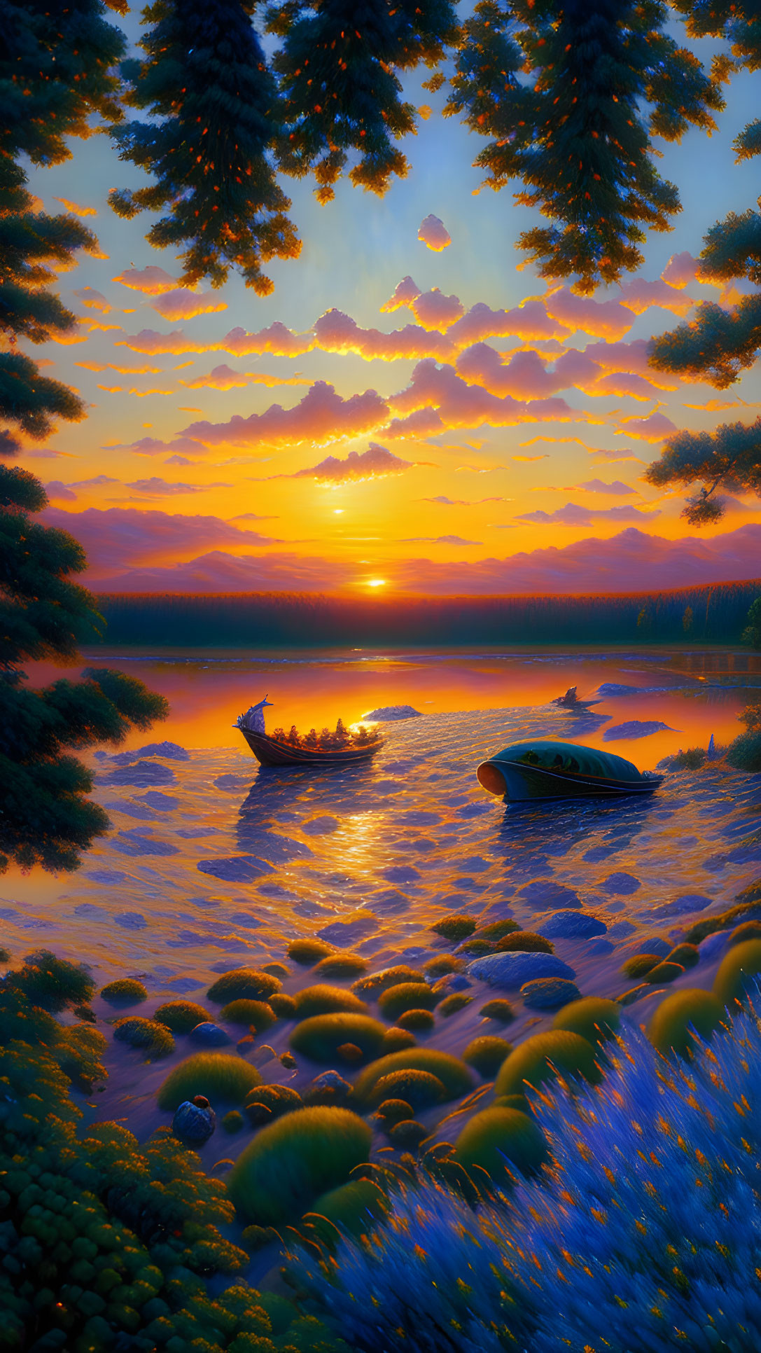 Tranquil sunset lake scene with boats, trees, and colorful sky reflections