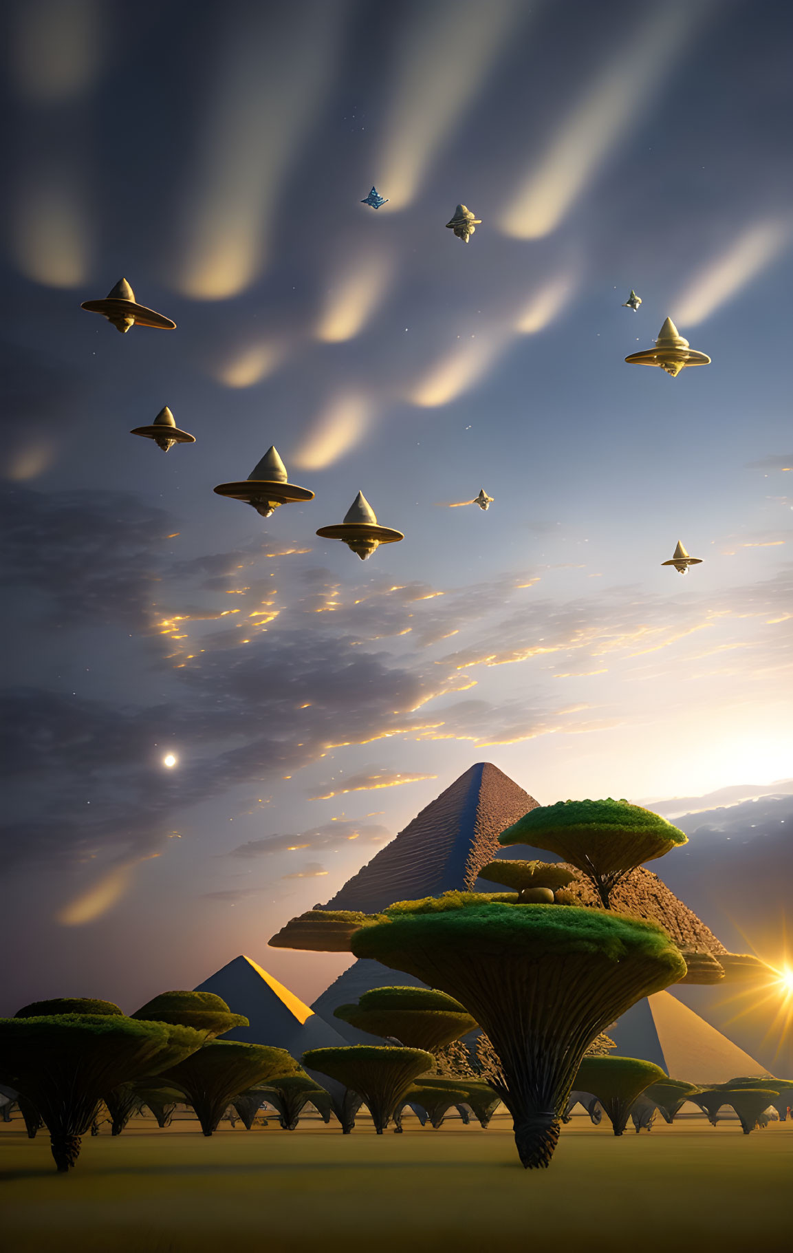 Unique Trees and Pyramids in Surreal Landscape with Flying Saucers