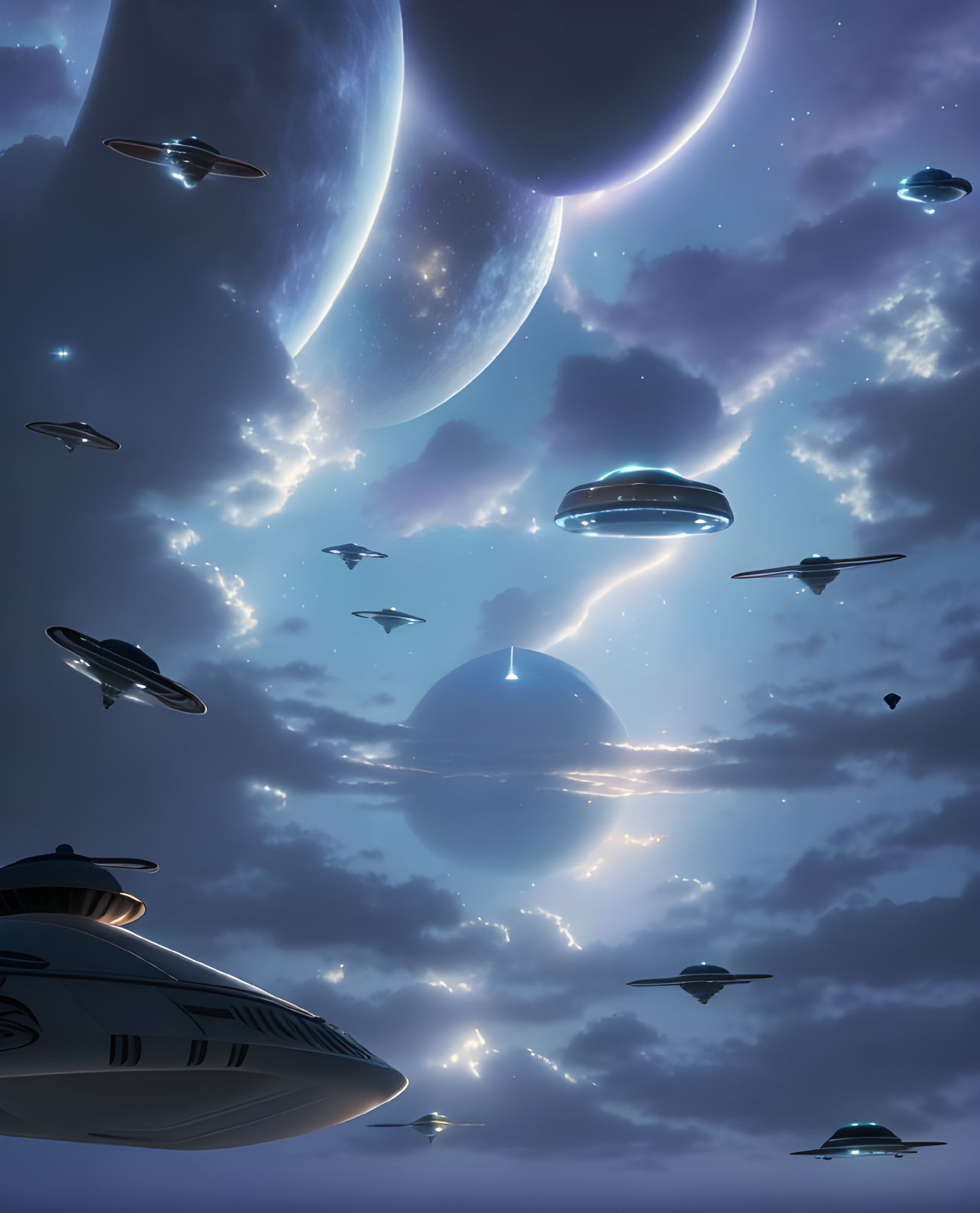 Sci-fi scene: Flying saucers under celestial sky