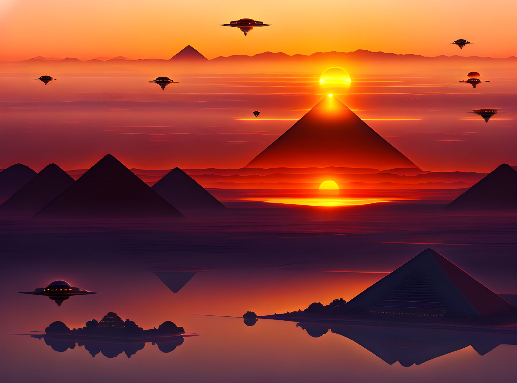 Desert sunrise with pyramids and UFO silhouettes in the sky