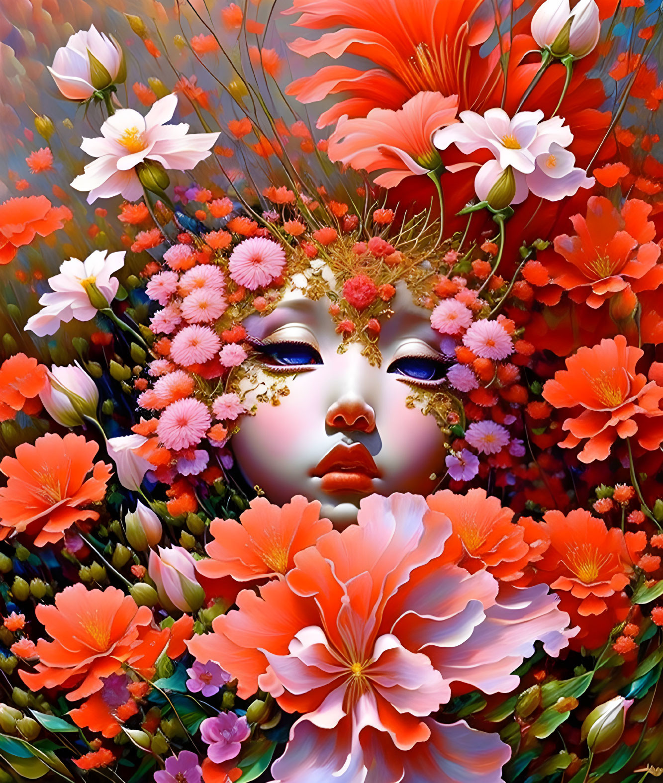 Colorful Feminine Face with Red and White Flowers in Floral Background