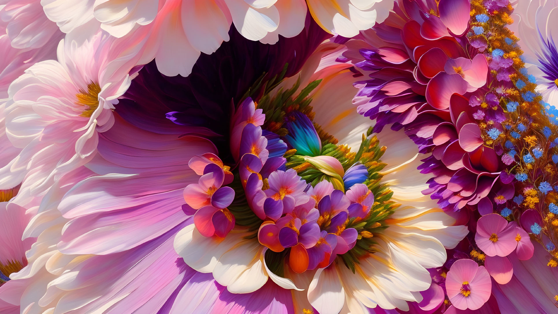 Colorful digital artwork featuring layered flowers in bloom