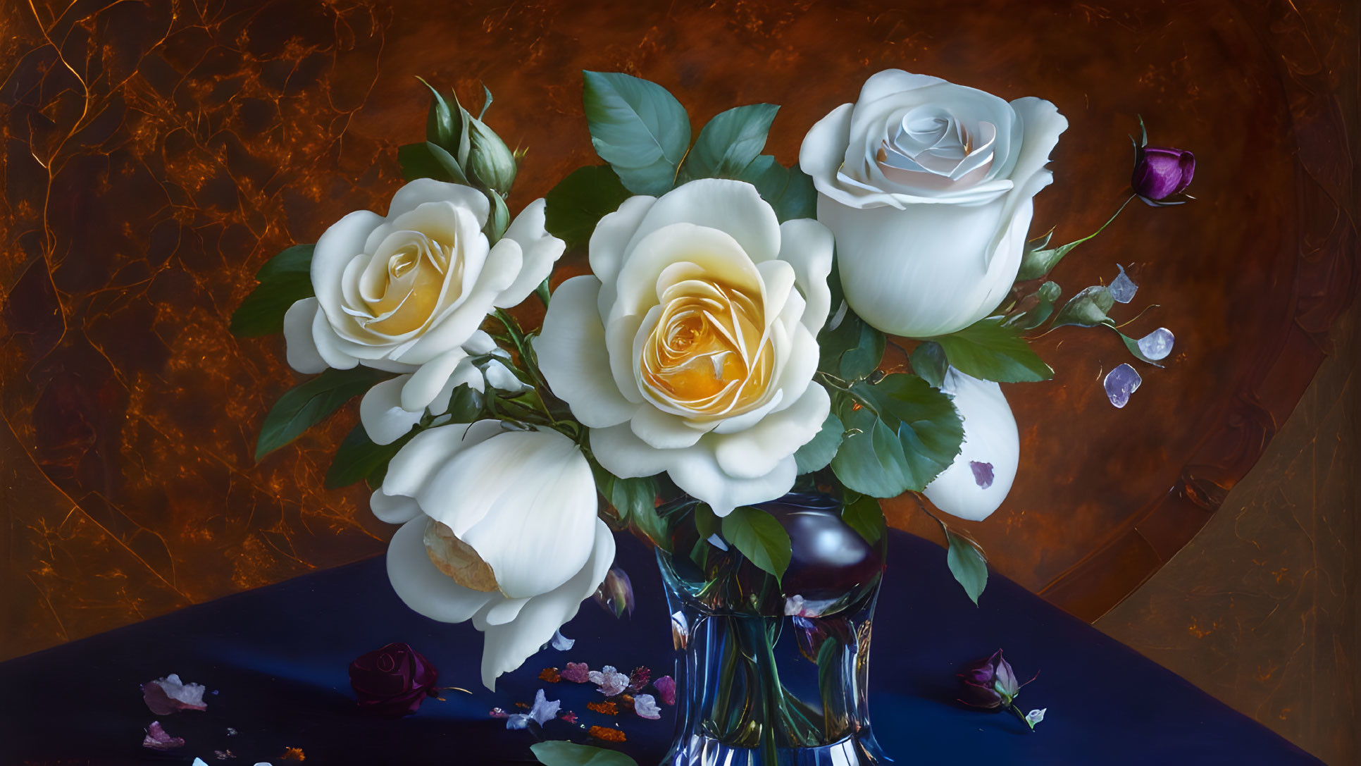 White and Cream Roses Arrangement with Purple Bud on Amber Background