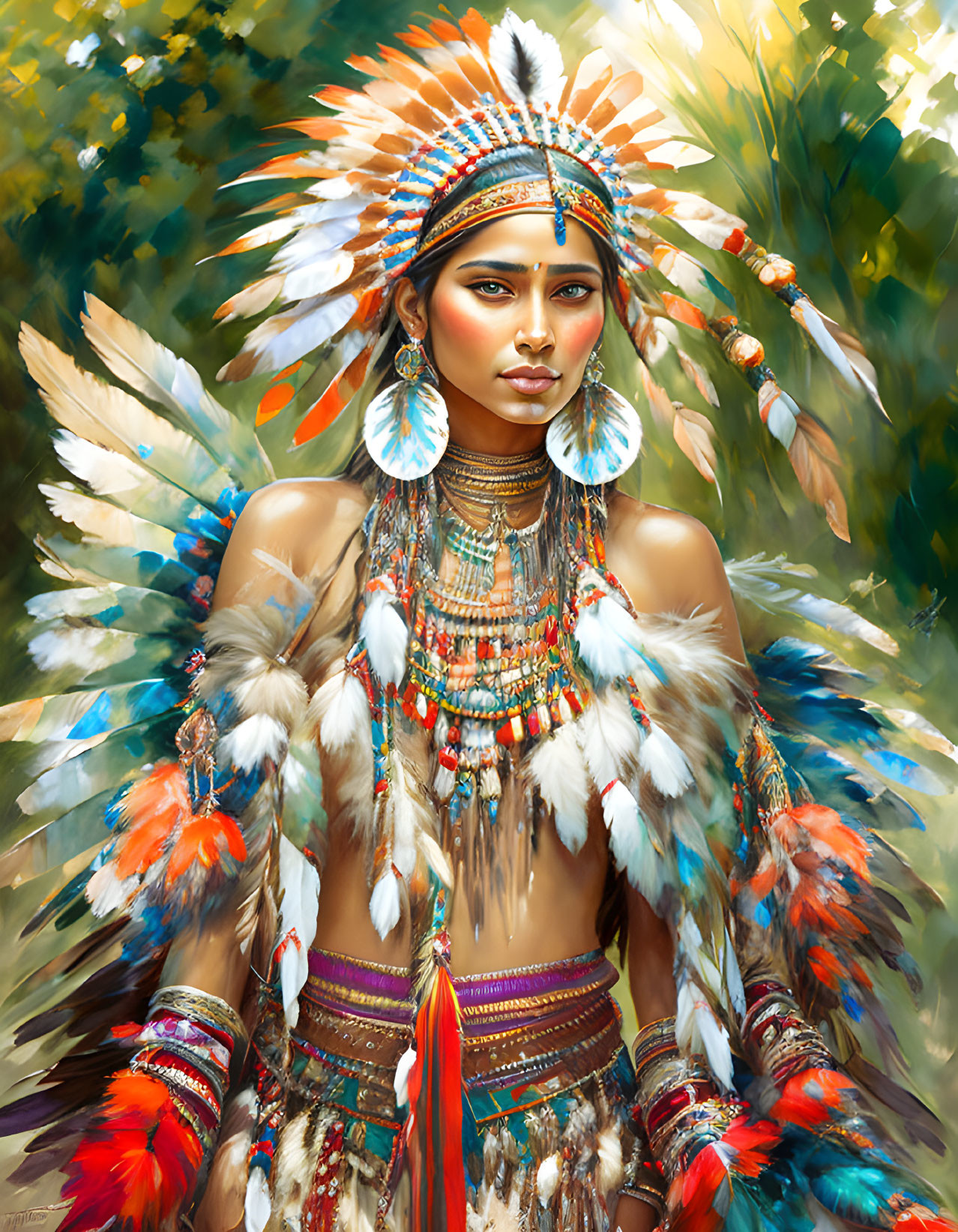 Elaborate Native American headdress with feathers and beadwork in natural setting