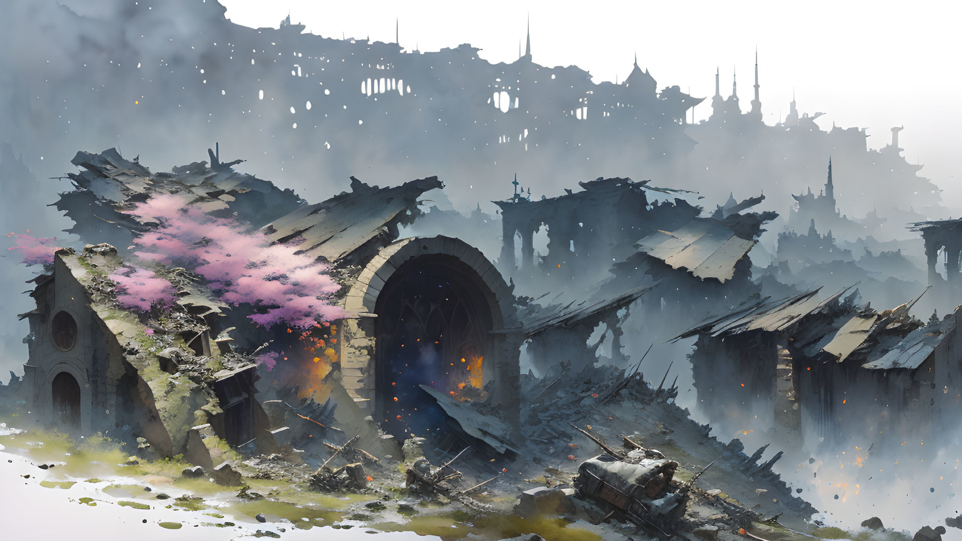 Fantastical cityscape with cherry blossom tree in ruins and floating structures.