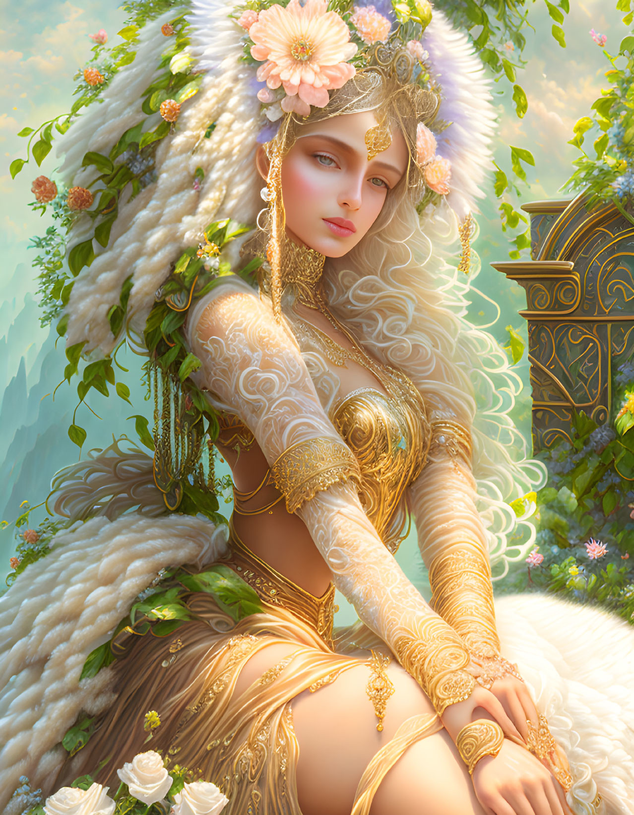 Ethereal woman in floral and golden regalia against lush garden backdrop