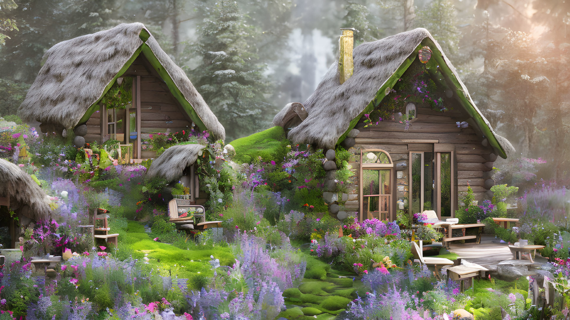 Thatched-roof cottages in lush forest glade with waterfall