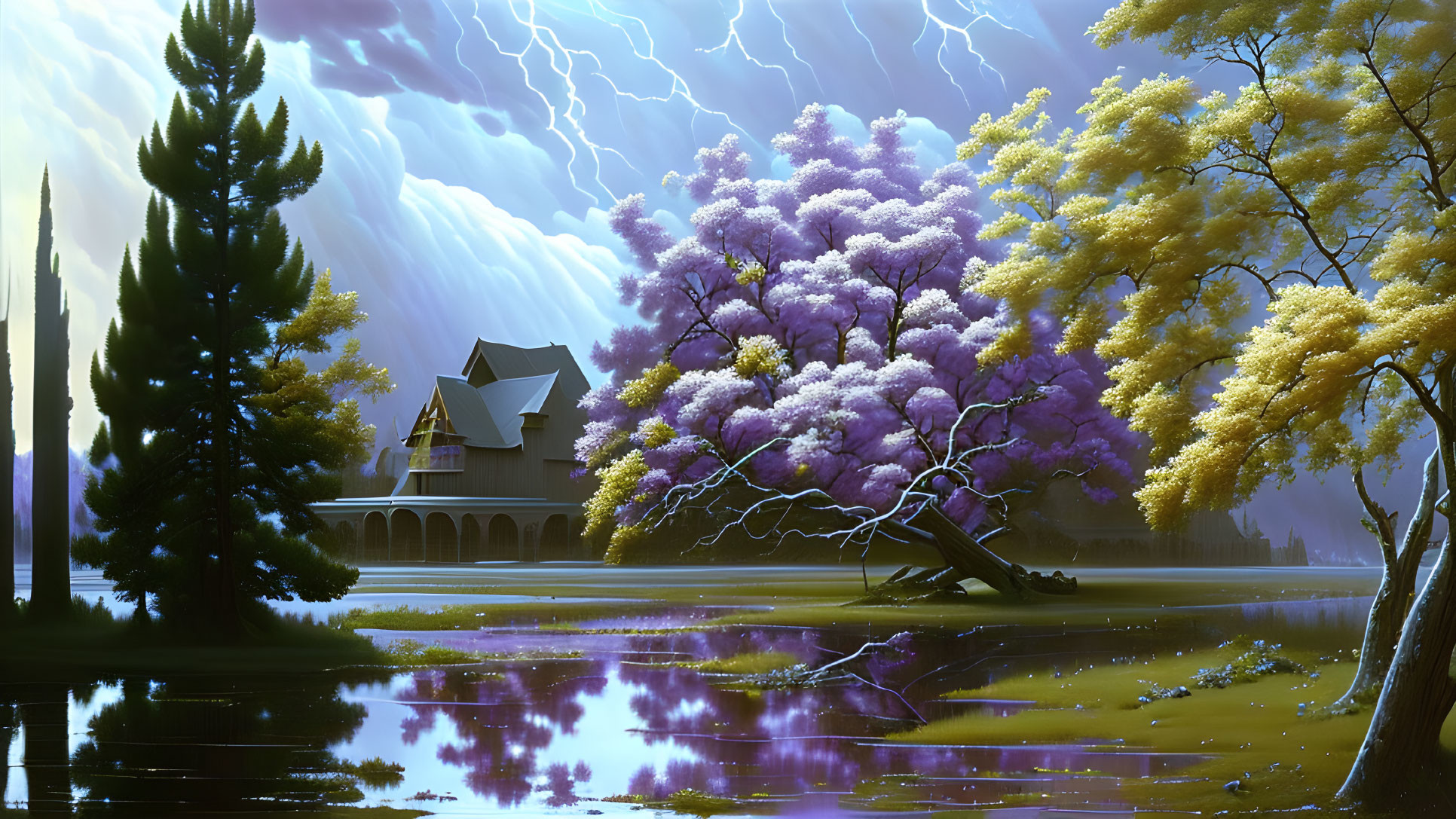 Vibrant purple and yellow fantasy landscape with reflective lake and dramatic sky