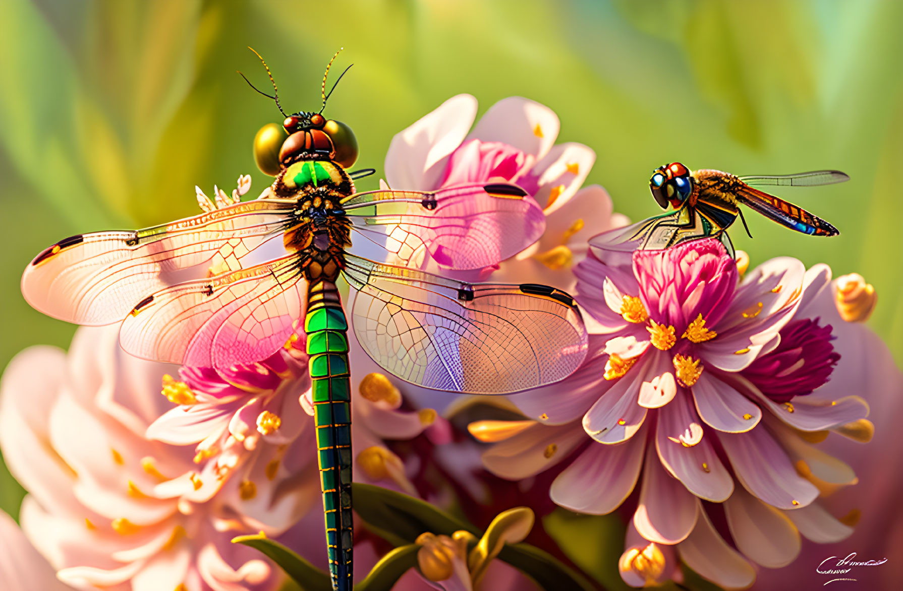 Close-up of two dragonflies on pink and yellow flowers with blurred green background