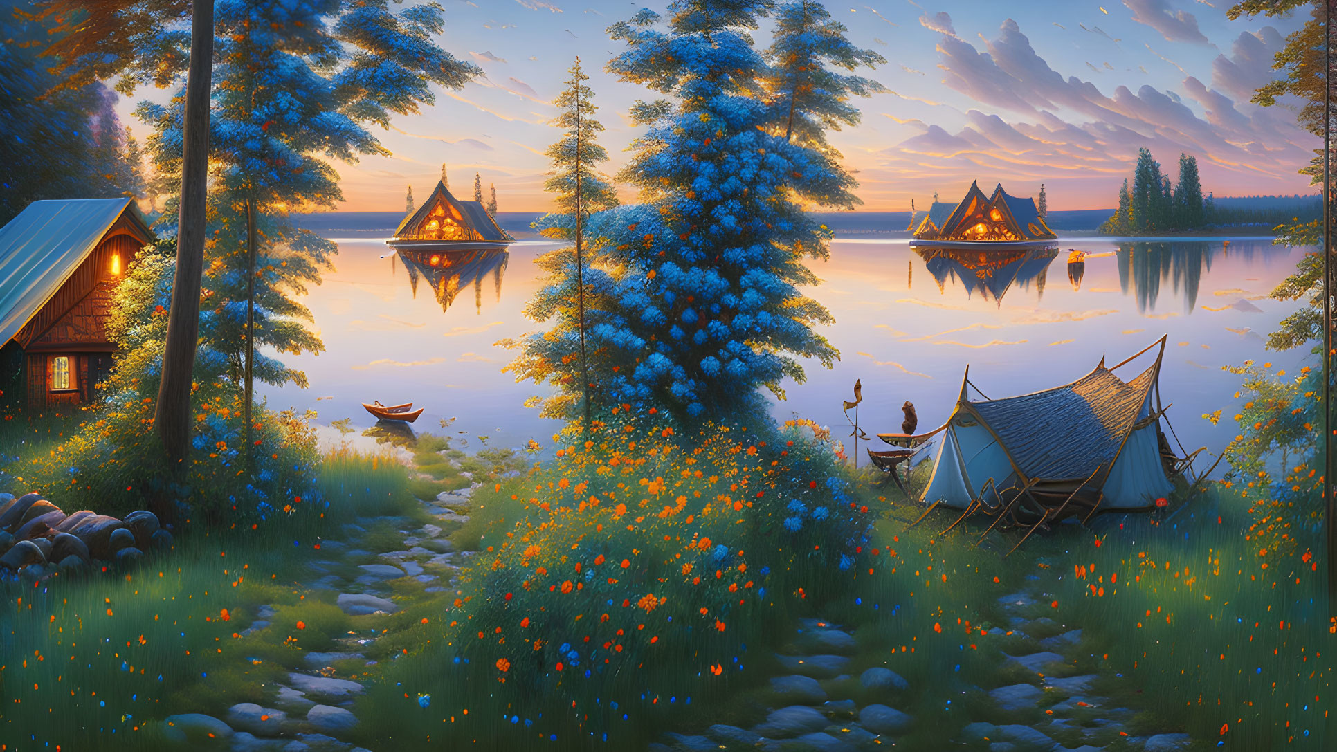 Tranquil lakeside sunset with cabin, tents, dock, canoe, and vibrant flowers reflected on