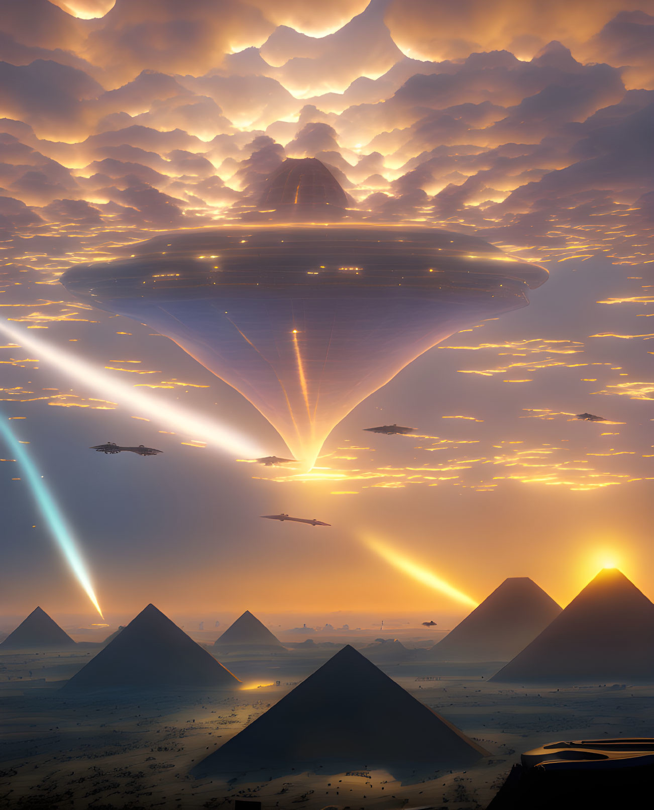 Enormous UFO over Egyptian pyramids emitting light beams at sunset