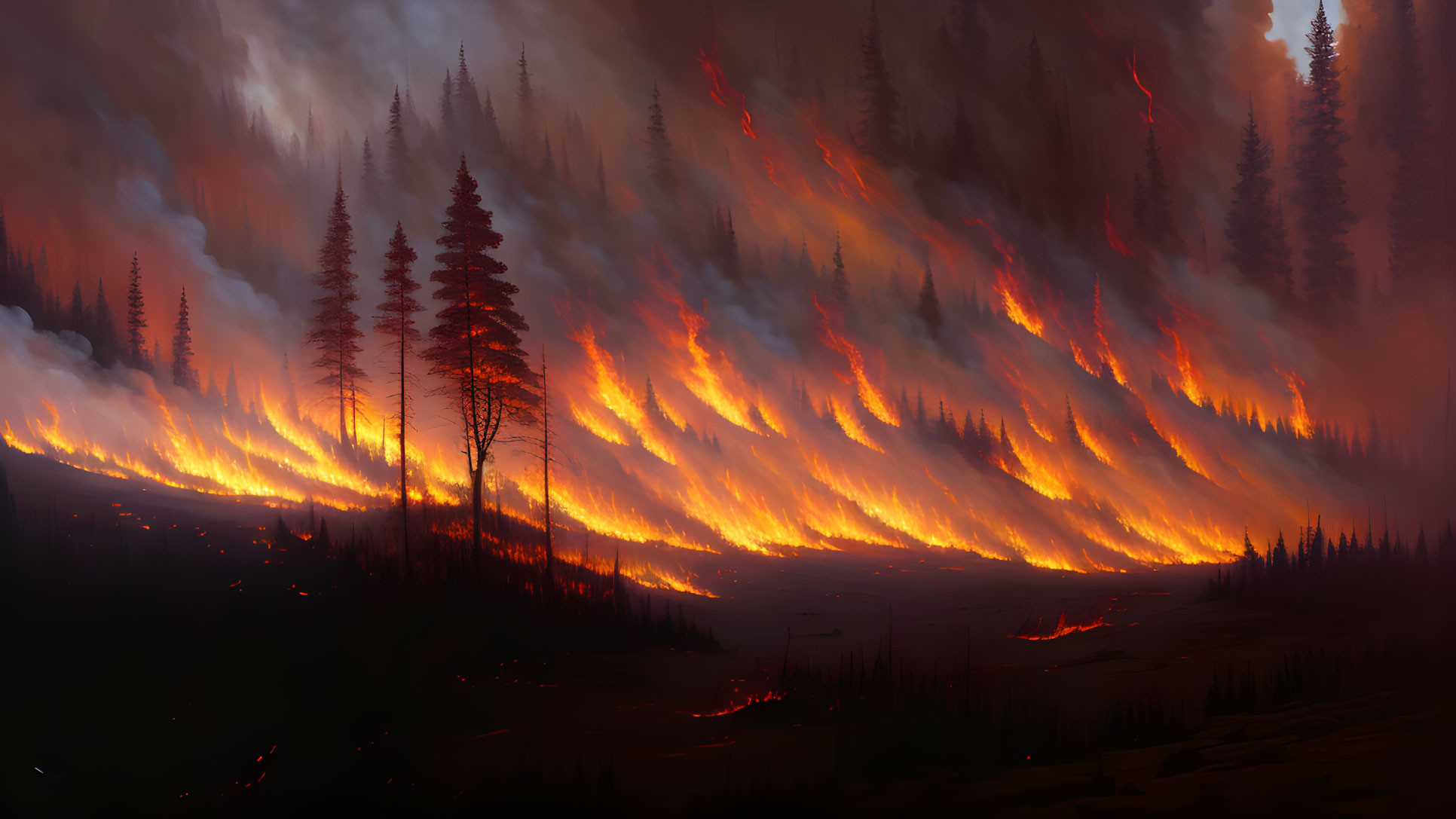 Forest wildfire with towering flames and smoke under ominous sky