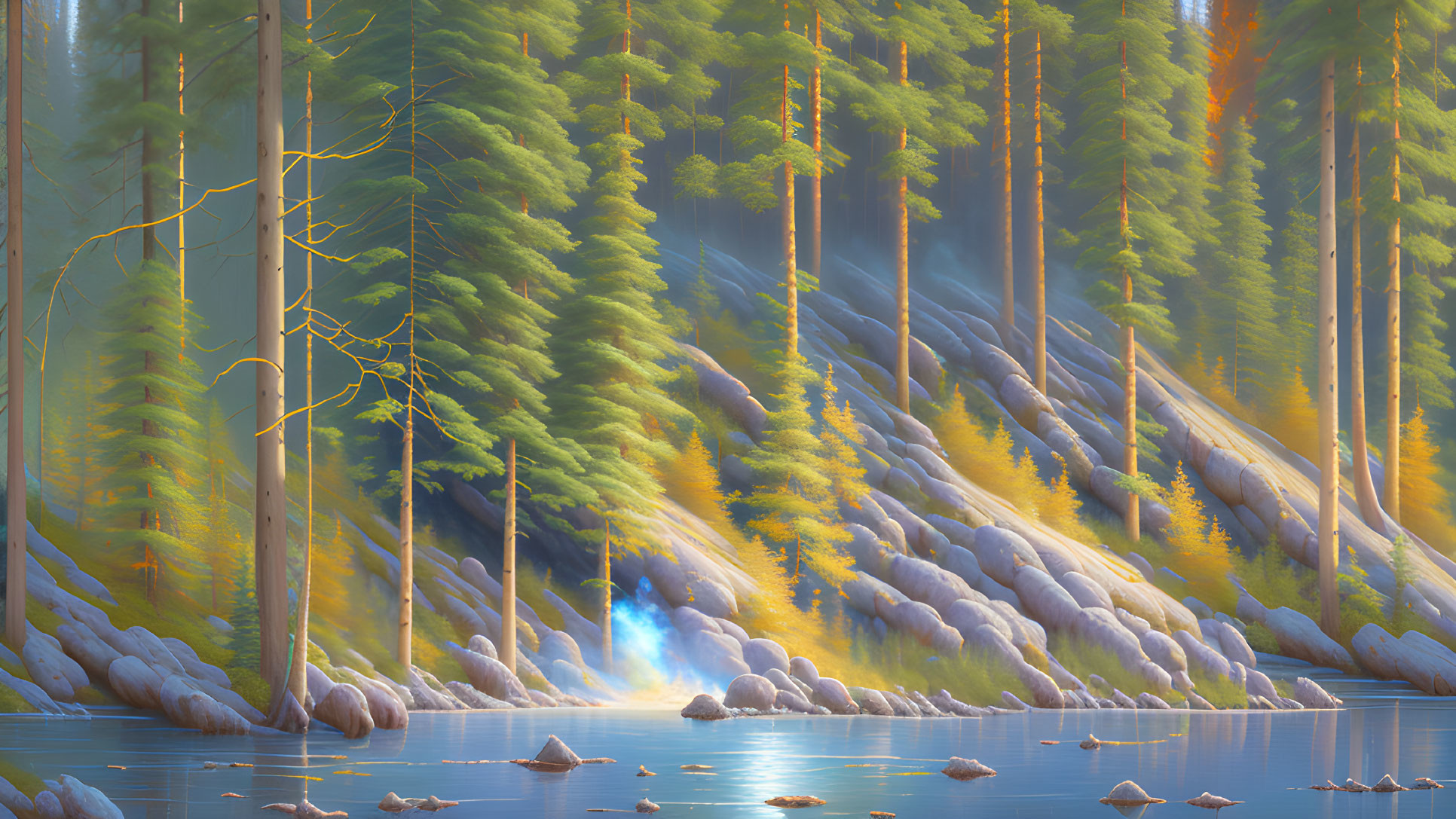 Sunlit forest scene with serene lake and rocky terrain