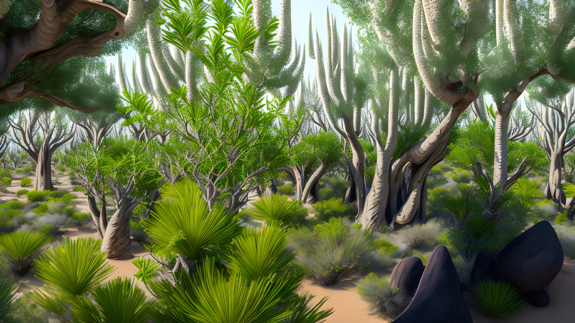 Lush Prehistoric Jungle with Exotic Plants and Tall Trees