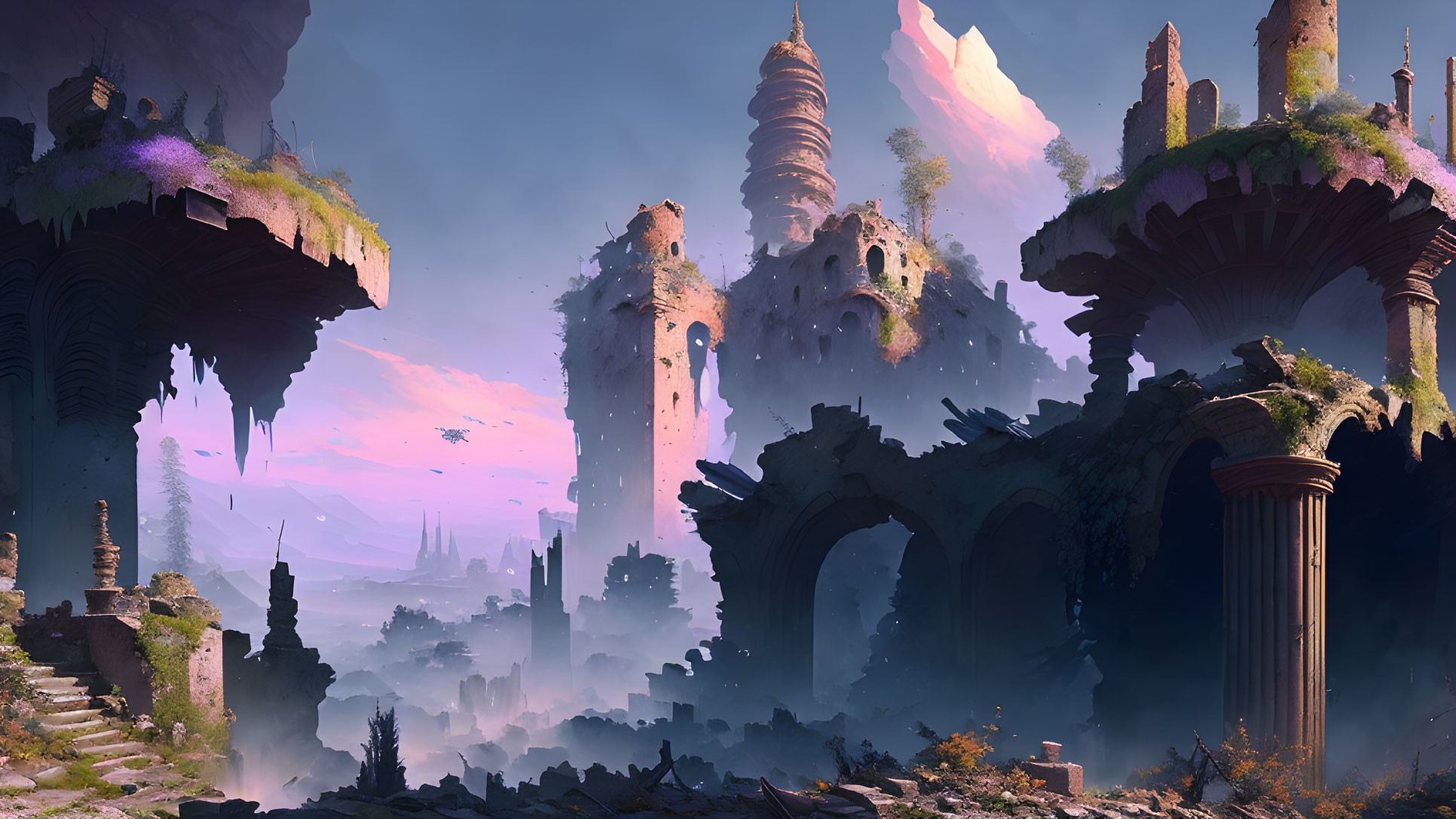 Mystical fantasy landscape with ruins, floating islands, and pink sky