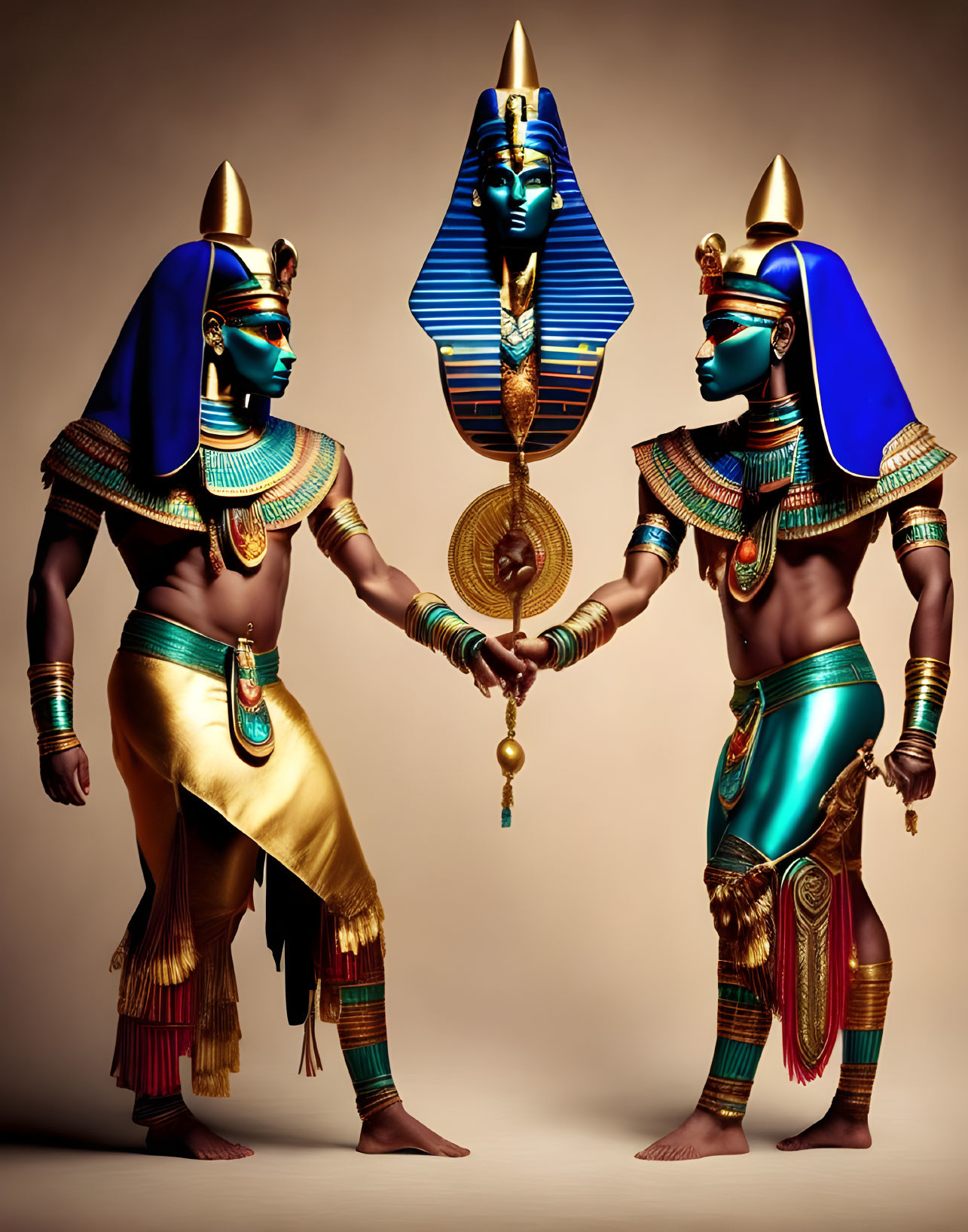 Ancient Egyptian attire and ankh held by two individuals