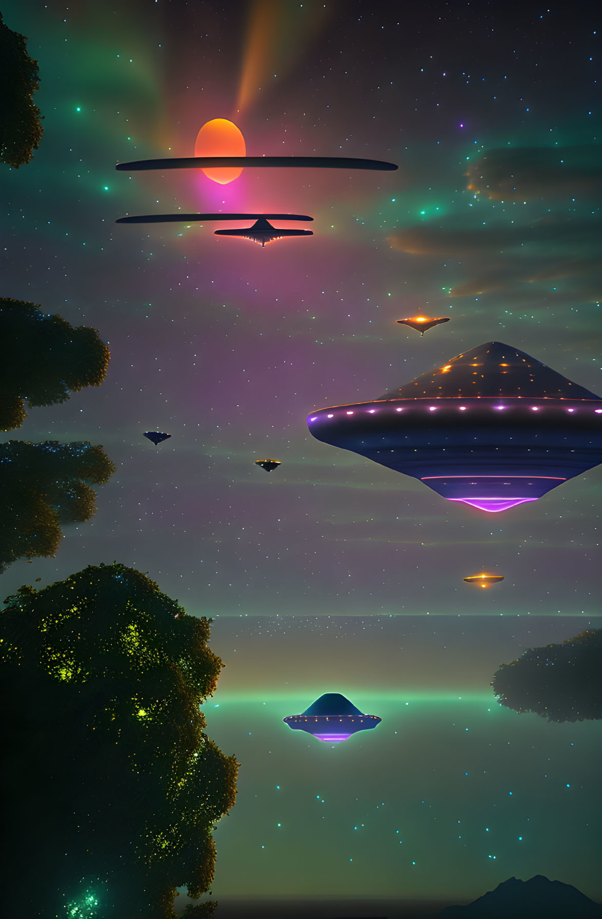 Multiple UFOs hover over serene dusk landscape with colorful starry sky.