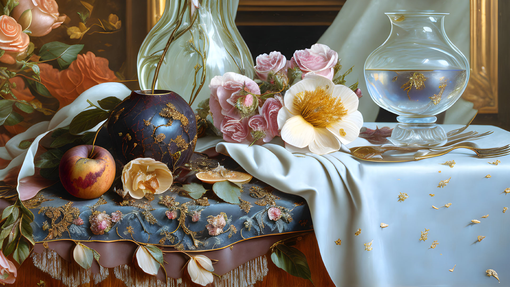 Bouquet of roses, peach, vases, and gold tablecloth in still life.