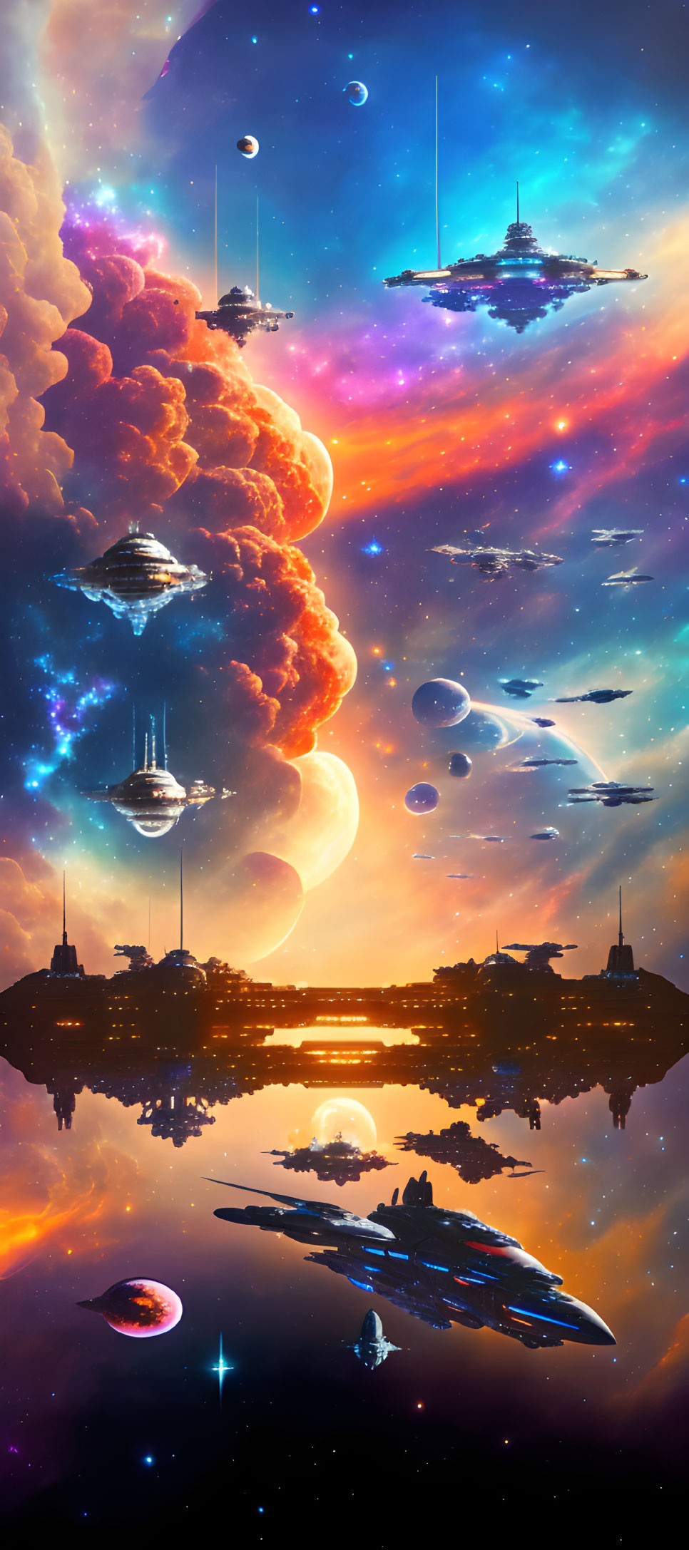 Futuristic sci-fi illustration with spaceships, floating cities, and colorful nebulae