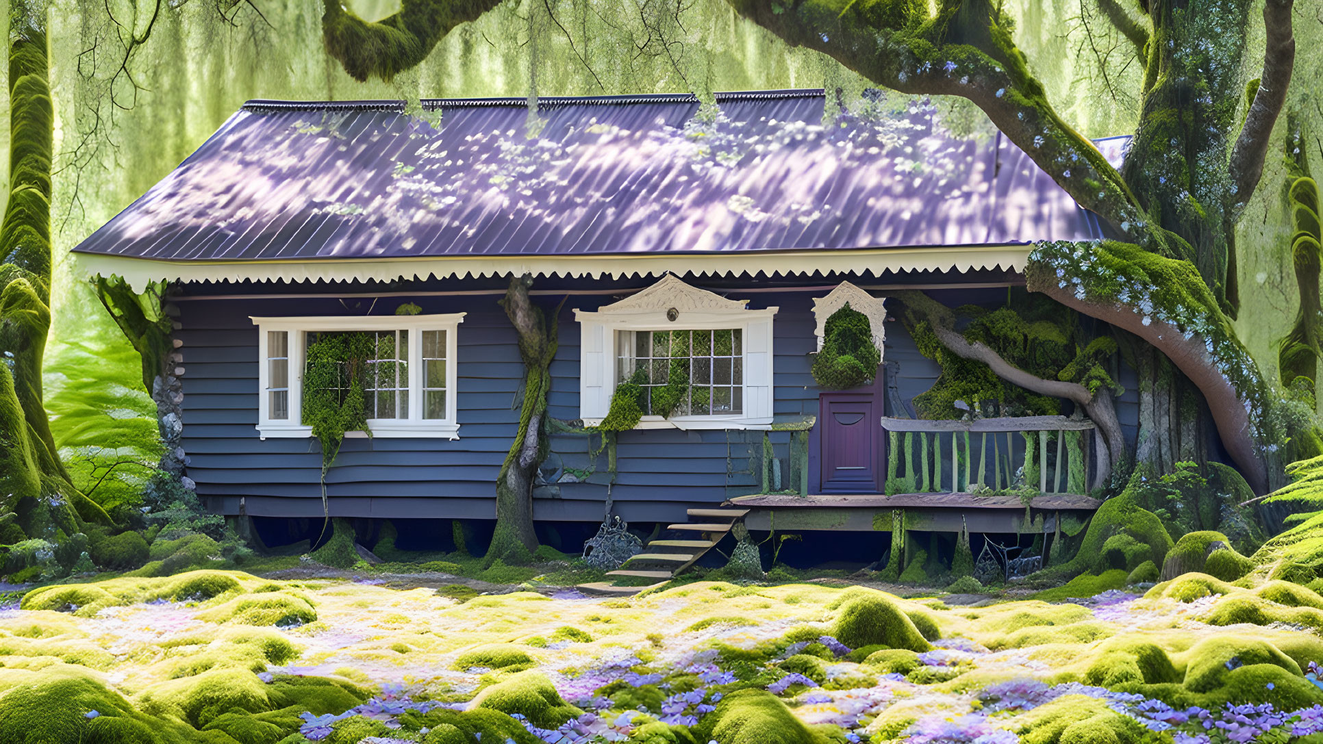 Blue house with white trimmings surrounded by green trees and sunlight.