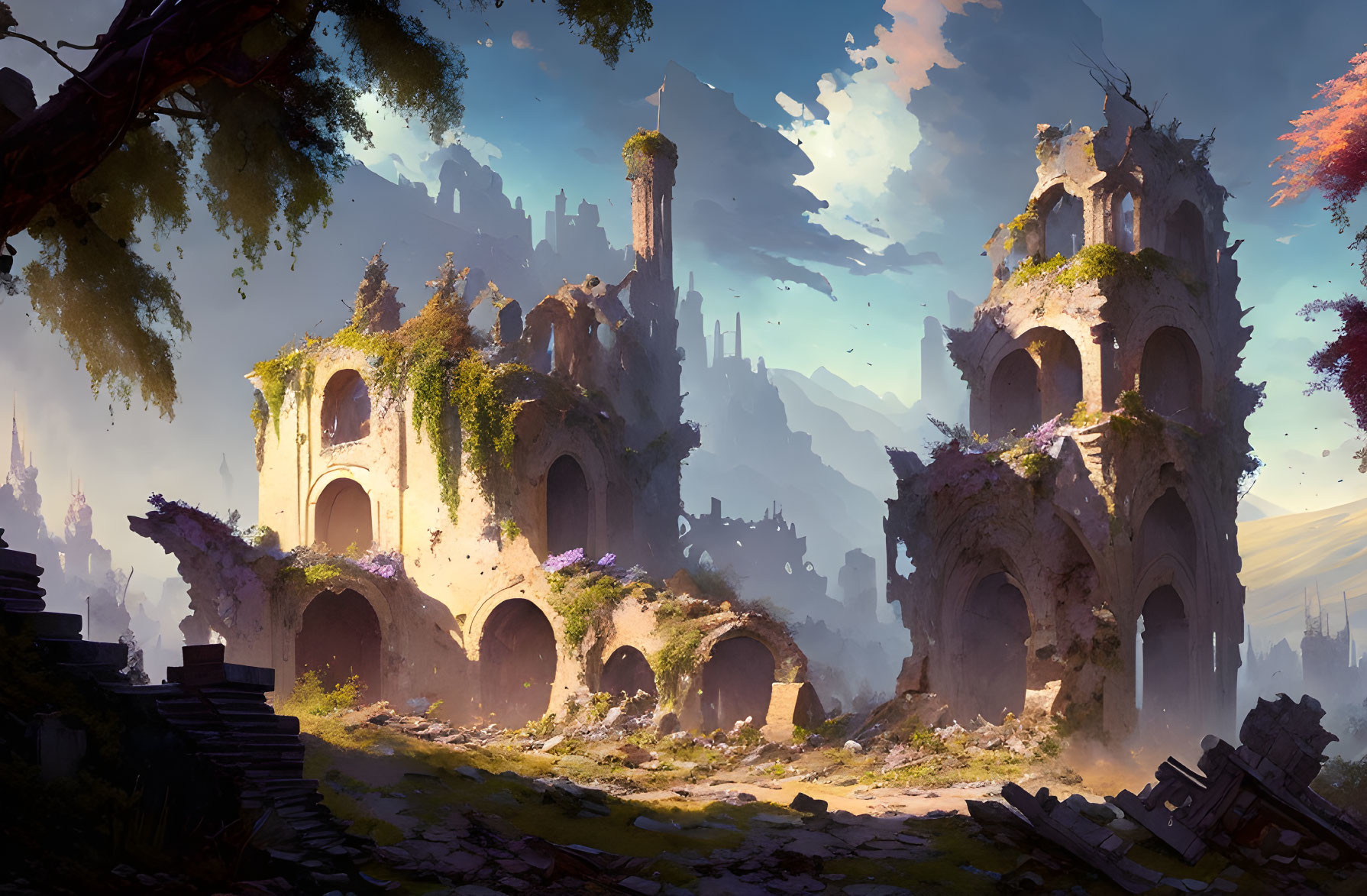 Fantasy landscape with ancient ruins and dramatic sky