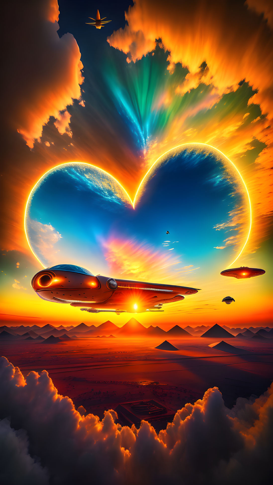 Spacecrafts in heart formation under radiant sunset above desert landscape