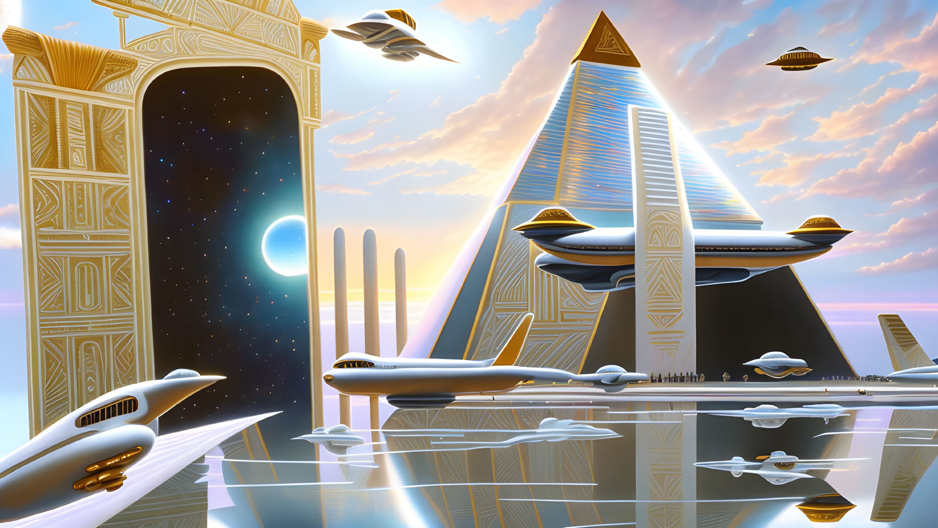 Futuristic cityscape with pyramid structures and flying vehicles at sunset