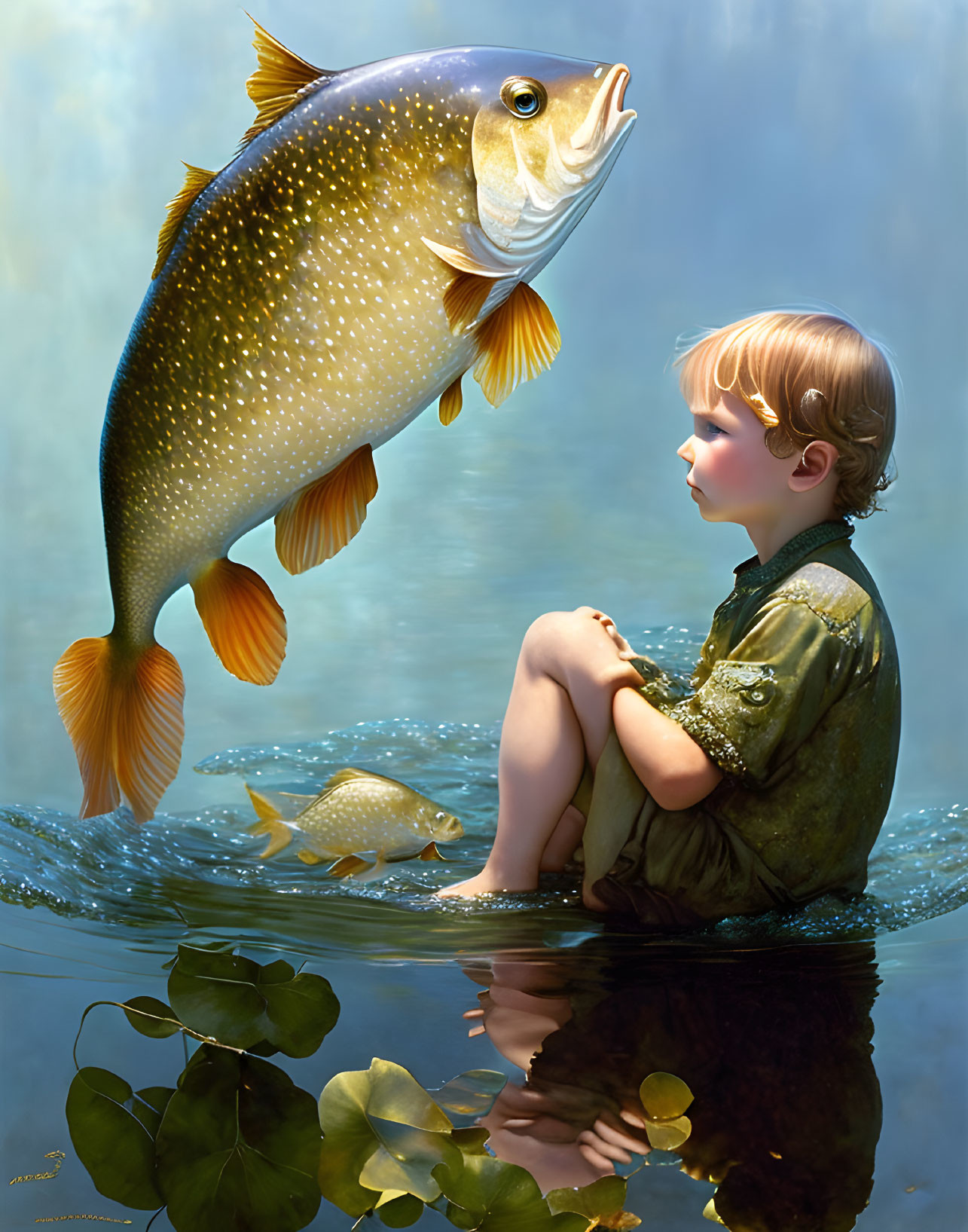 Young boy sitting in water with large floating fish and water lilies.