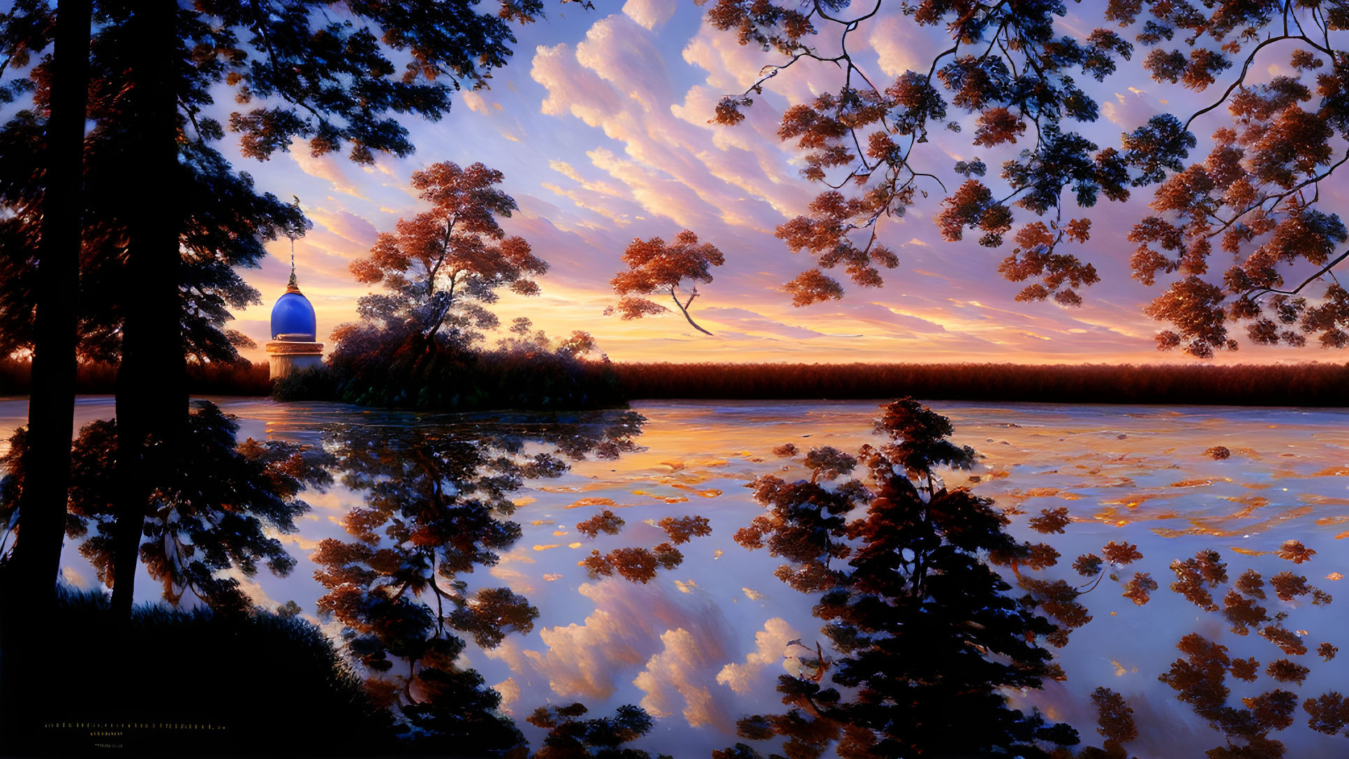 Scenic sunset reflection on tranquil lake with trees and distant dome structure