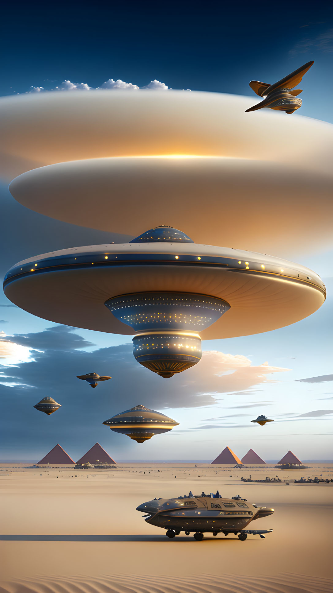 Futuristic flying saucers over desert with pyramids at sunset