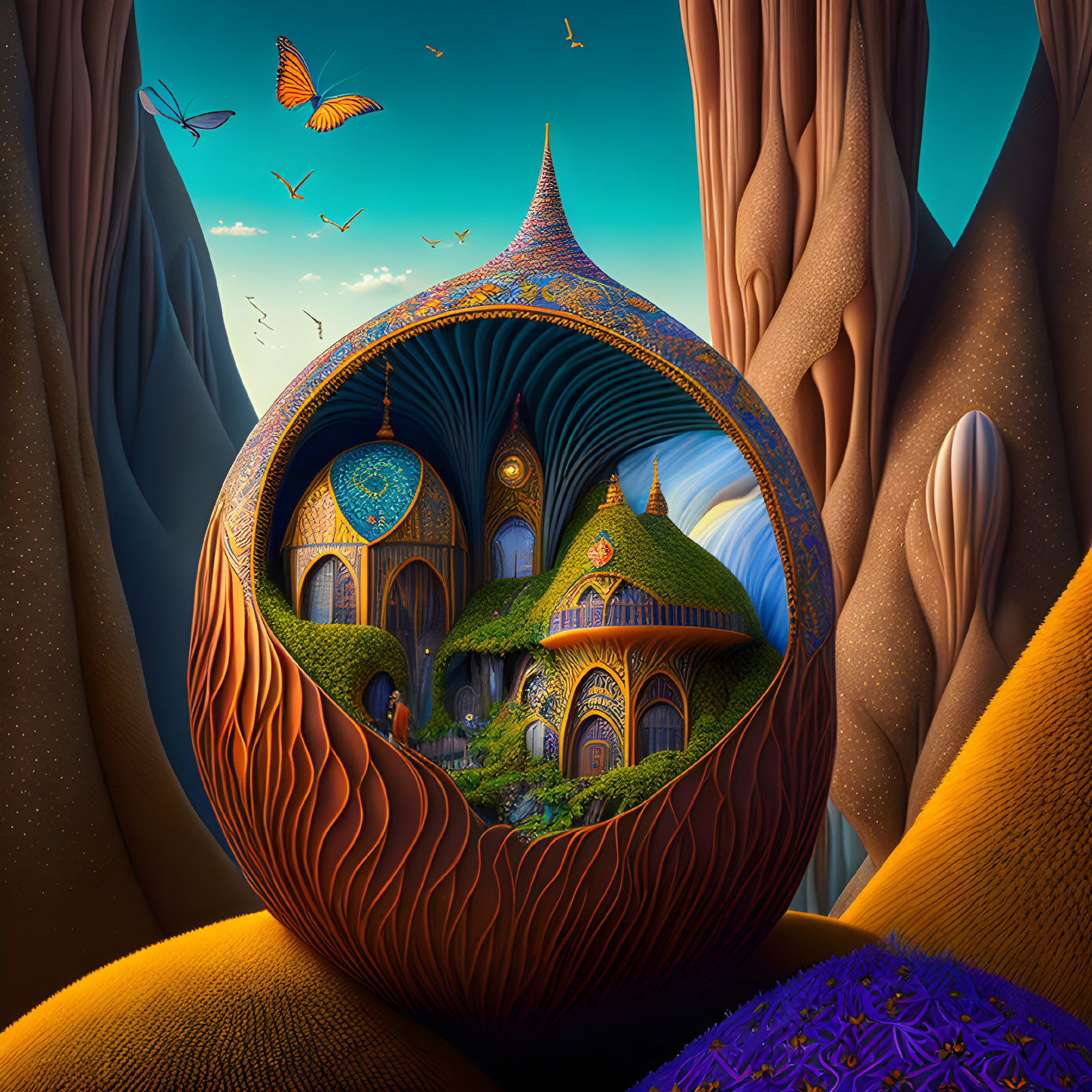 Whimsical fantasy landscape with egg-shaped structure and domed village amid lush trees and flying butterflies