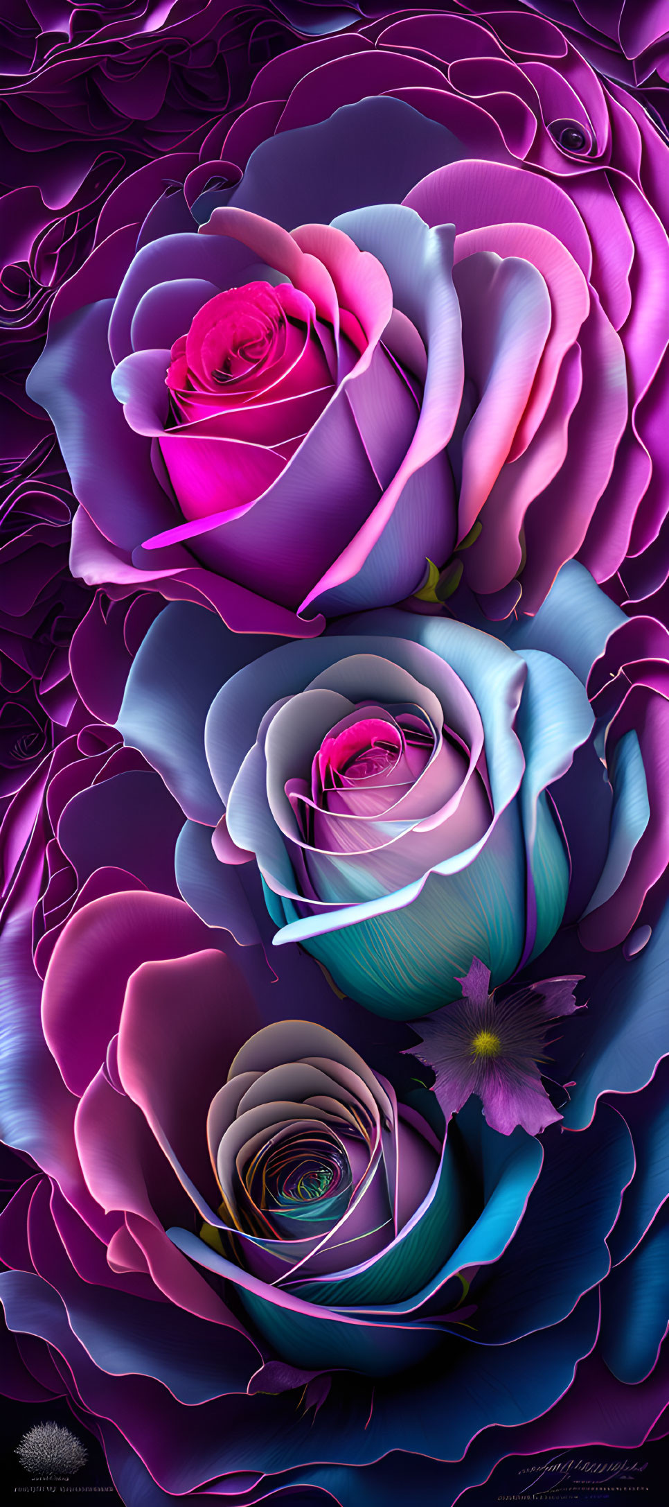 Stylized digital artwork: Luminescent roses in purple, blue, and pink