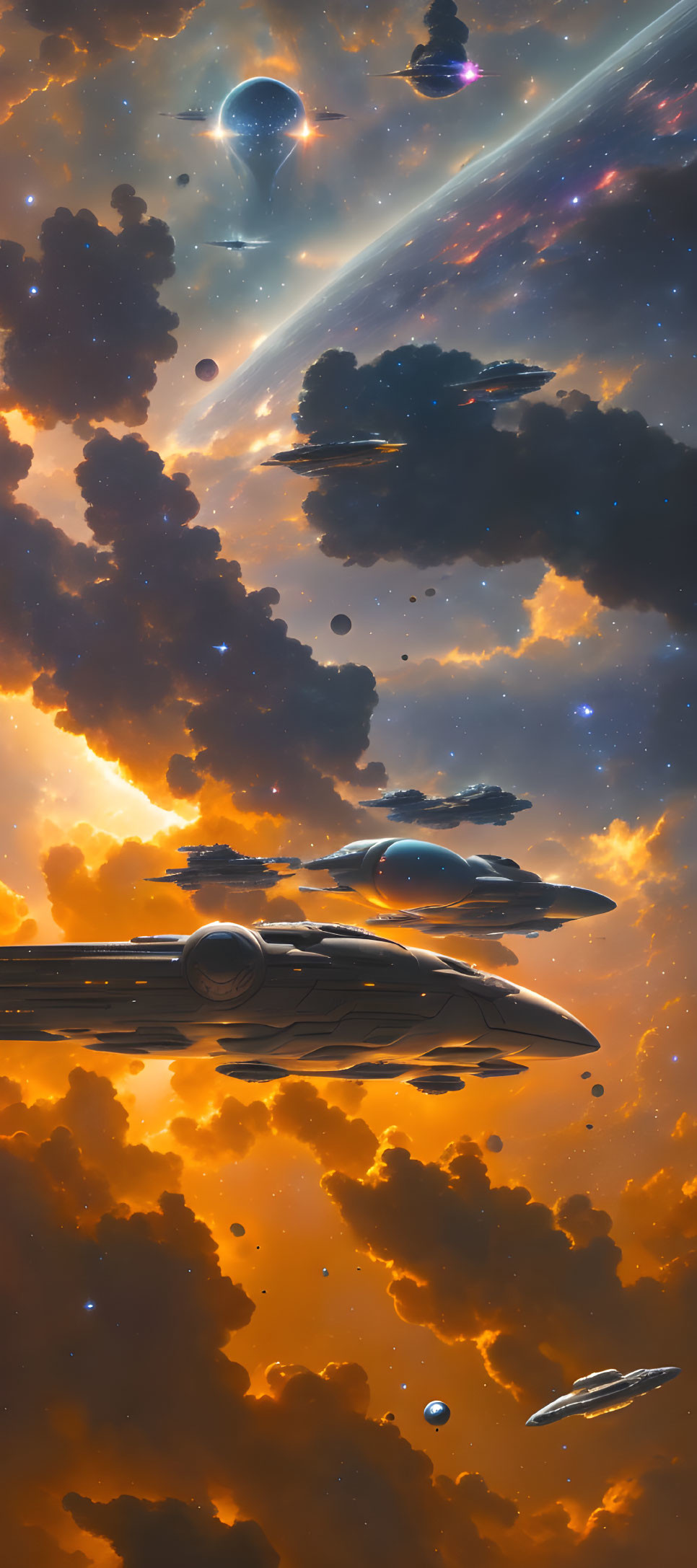 Sci-fi scene: spaceships, meteors, planets in orange-hued sky