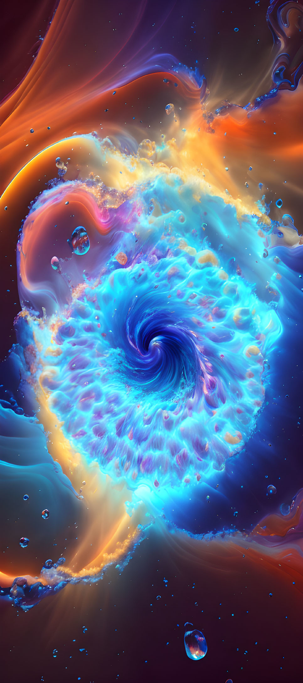 Swirling portal digital art with neon blue and orange hues and cosmic orbs.