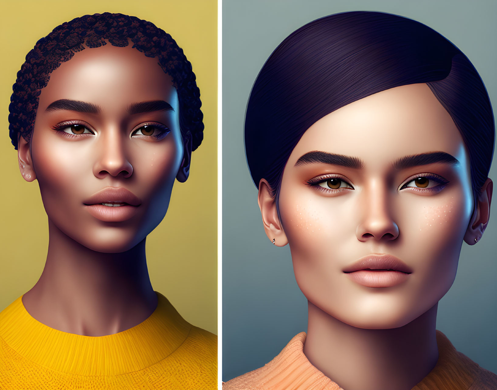 Digital portraits of women with flawless skin: one curly-haired in a yellow sweater, the other with sleek