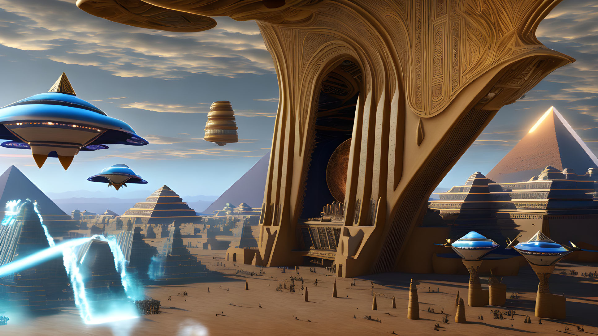 Futuristic landscape with pyramids, flying vehicles, and alien structures