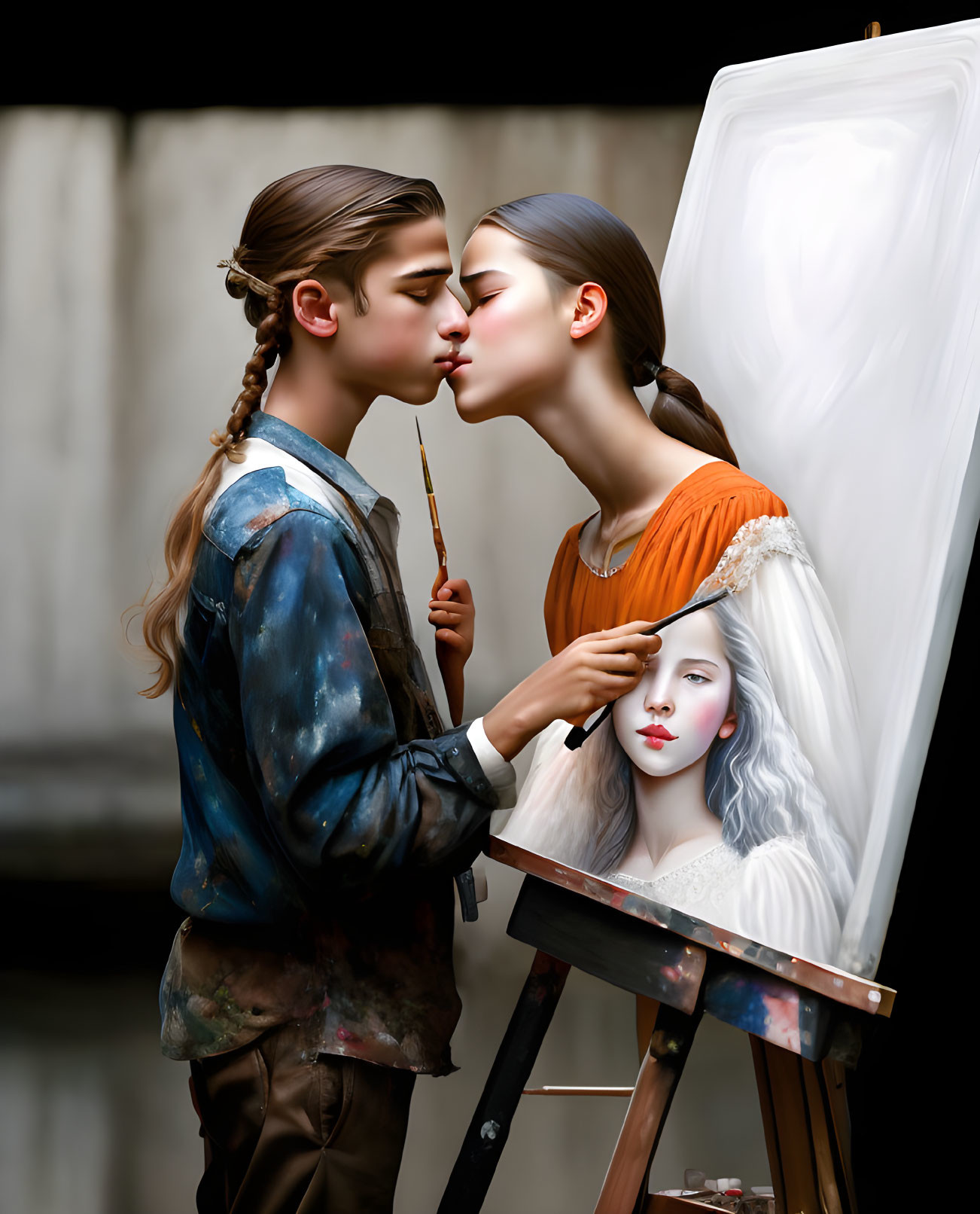 Intimate kiss with paint-smeared individuals and paintbrush near unfinished woman's face